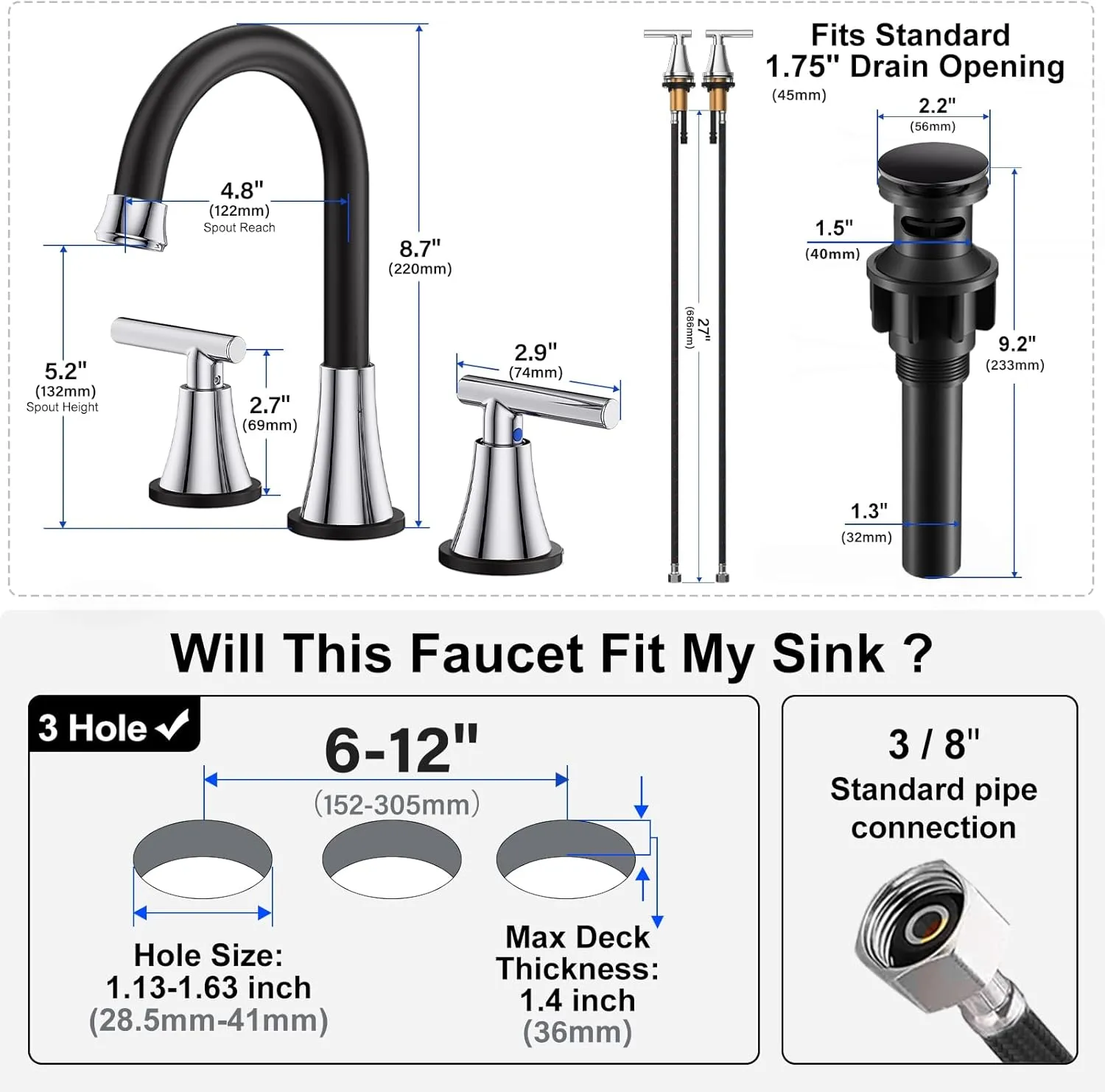 Bathroom Faucets for Sink 3 Hole, Hurran Black& Chrome Bathroom Sink Faucet with Pop-up Drain and Supply Lines, Stainless Steel Lead-Free Widespread Faucet for Vanity RV Farmhouse Sink