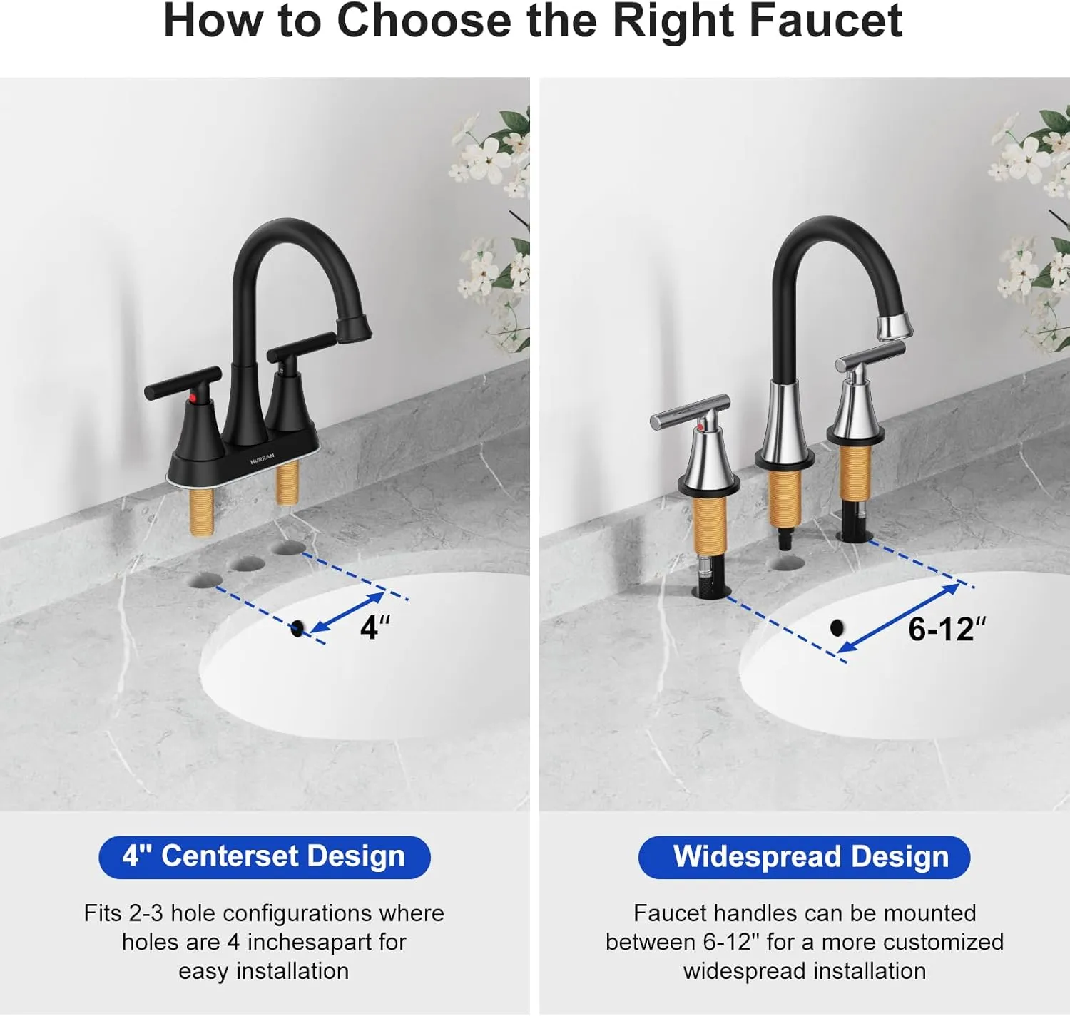 Bathroom Faucets for Sink 3 Hole, Hurran Black& Chrome Bathroom Sink Faucet with Pop-up Drain and Supply Lines, Stainless Steel Lead-Free Widespread Faucet for Vanity RV Farmhouse Sink