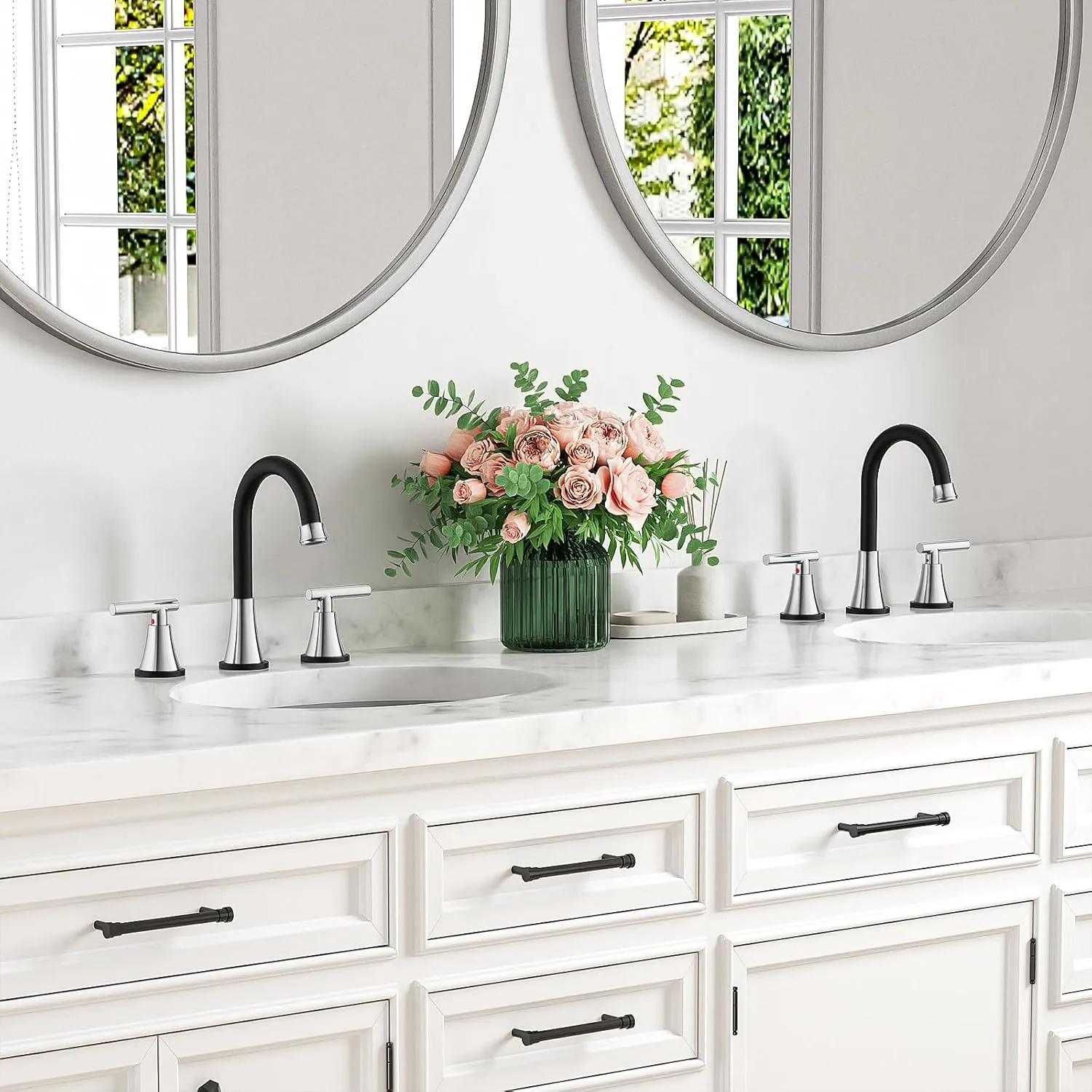 Bathroom Faucets for Sink 3 Hole, Hurran Black& Chrome Bathroom Sink Faucet with Pop-up Drain and Supply Lines, Stainless Steel Lead-Free Widespread Faucet for Vanity RV Farmhouse Sink
