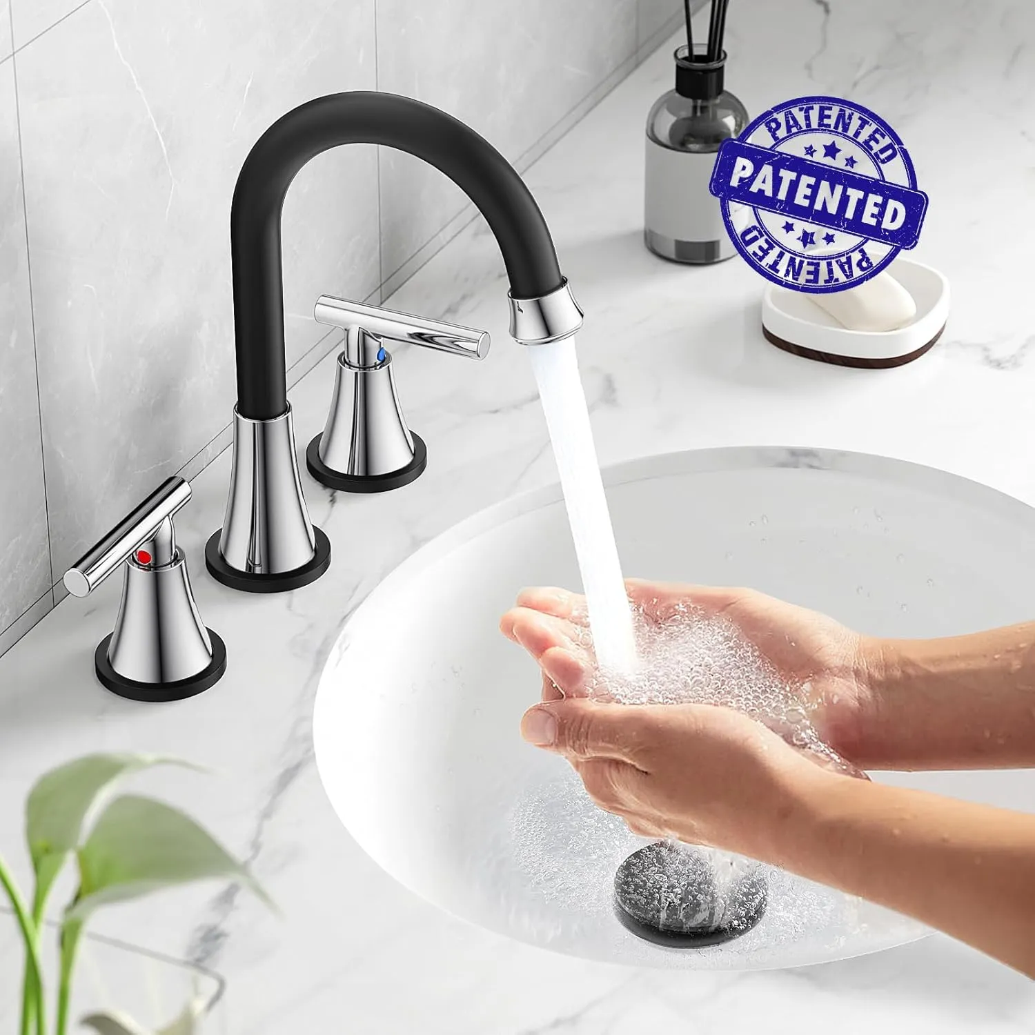Bathroom Faucets for Sink 3 Hole, Hurran Black& Chrome Bathroom Sink Faucet with Pop-up Drain and Supply Lines, Stainless Steel Lead-Free Widespread Faucet for Vanity RV Farmhouse Sink