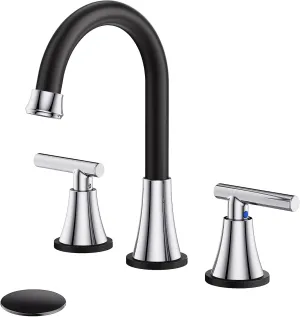 Bathroom Faucets for Sink 3 Hole, Hurran Black& Chrome Bathroom Sink Faucet with Pop-up Drain and Supply Lines, Stainless Steel Lead-Free Widespread Faucet for Vanity RV Farmhouse Sink