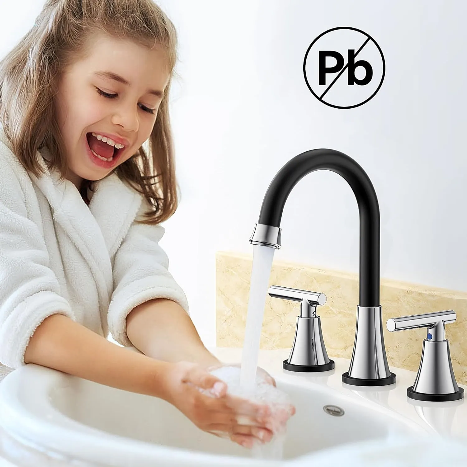Bathroom Faucets for Sink 3 Hole, Hurran Black& Chrome Bathroom Sink Faucet with Pop-up Drain and Supply Lines, Stainless Steel Lead-Free Widespread Faucet for Vanity RV Farmhouse Sink