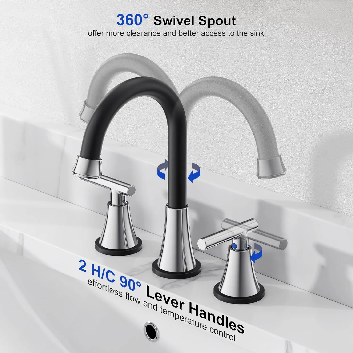Bathroom Faucets for Sink 3 Hole, Hurran Black& Chrome Bathroom Sink Faucet with Pop-up Drain and Supply Lines, Stainless Steel Lead-Free Widespread Faucet for Vanity RV Farmhouse Sink
