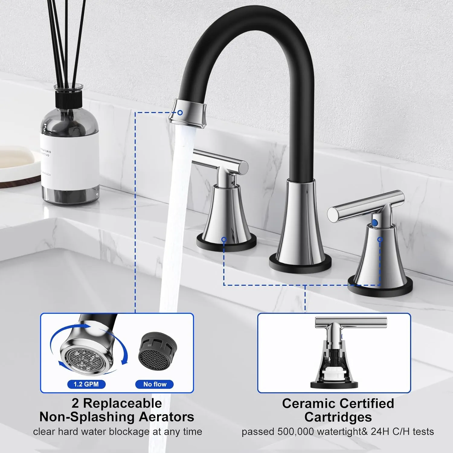 Bathroom Faucets for Sink 3 Hole, Hurran Black& Chrome Bathroom Sink Faucet with Pop-up Drain and Supply Lines, Stainless Steel Lead-Free Widespread Faucet for Vanity RV Farmhouse Sink