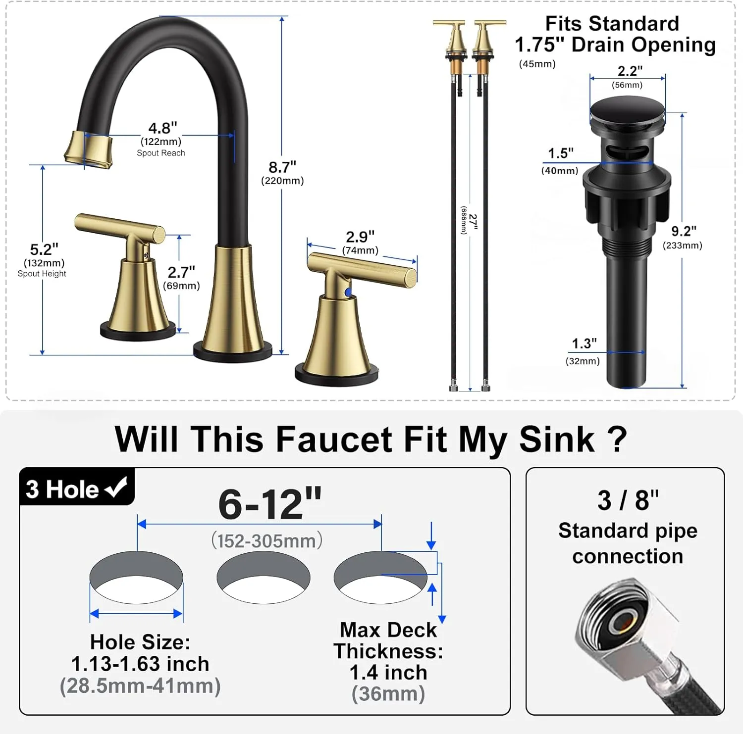Bathroom Faucets for Sink 3 Hole, Hurran Black& Gold Bathroom Sink Faucet with Pop-up Drain and Supply Lines, Stainless Steel Lead-Free Widespread Faucet for Vanity RV Farmhouse Sink