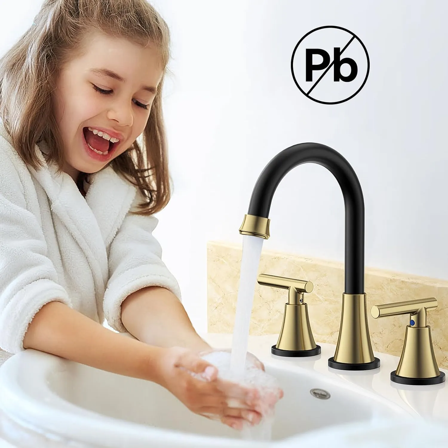 Bathroom Faucets for Sink 3 Hole, Hurran Black& Gold Bathroom Sink Faucet with Pop-up Drain and Supply Lines, Stainless Steel Lead-Free Widespread Faucet for Vanity RV Farmhouse Sink