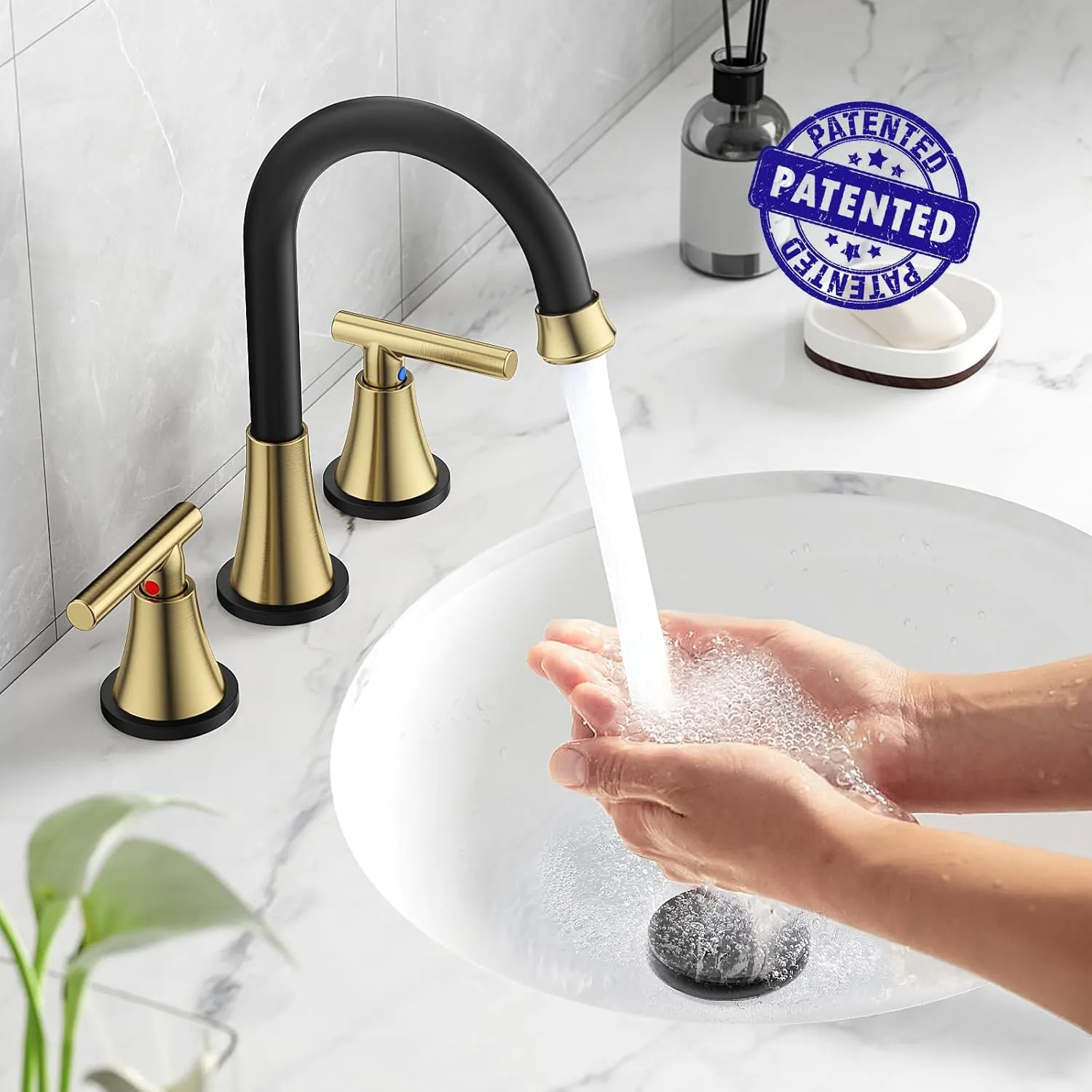 Bathroom Faucets for Sink 3 Hole, Hurran Black& Gold Bathroom Sink Faucet with Pop-up Drain and Supply Lines, Stainless Steel Lead-Free Widespread Faucet for Vanity RV Farmhouse Sink