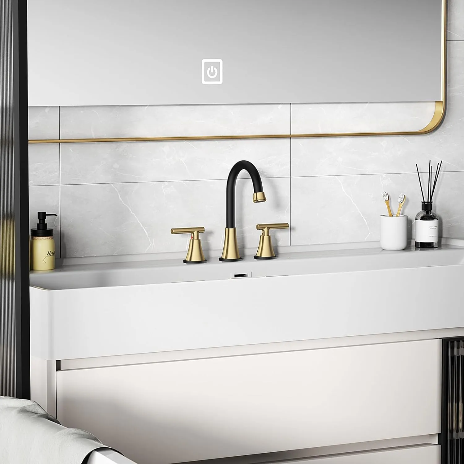 Bathroom Faucets for Sink 3 Hole, Hurran Black& Gold Bathroom Sink Faucet with Pop-up Drain and Supply Lines, Stainless Steel Lead-Free Widespread Faucet for Vanity RV Farmhouse Sink