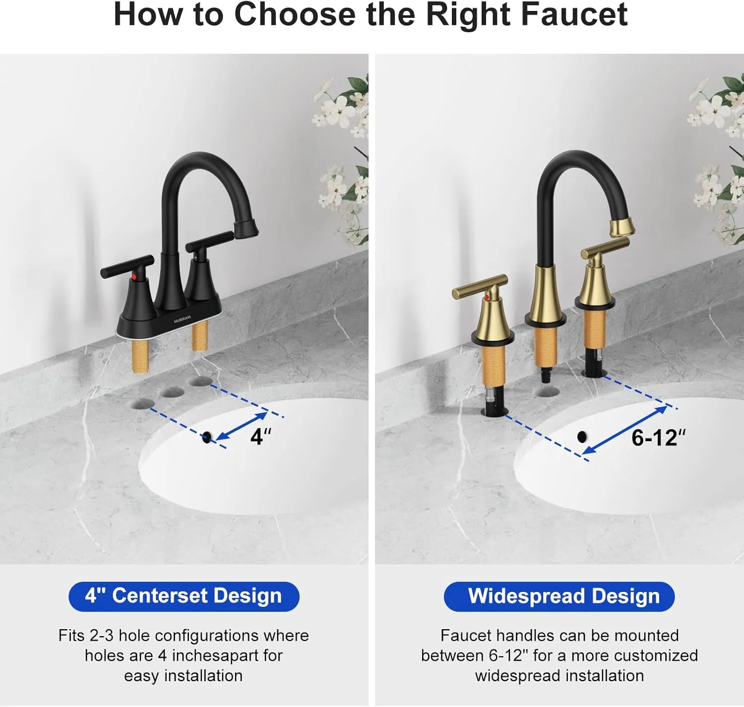 Bathroom Faucets for Sink 3 Hole, Hurran Black& Gold Bathroom Sink Faucet with Pop-up Drain and Supply Lines, Stainless Steel Lead-Free Widespread Faucet for Vanity RV Farmhouse Sink
