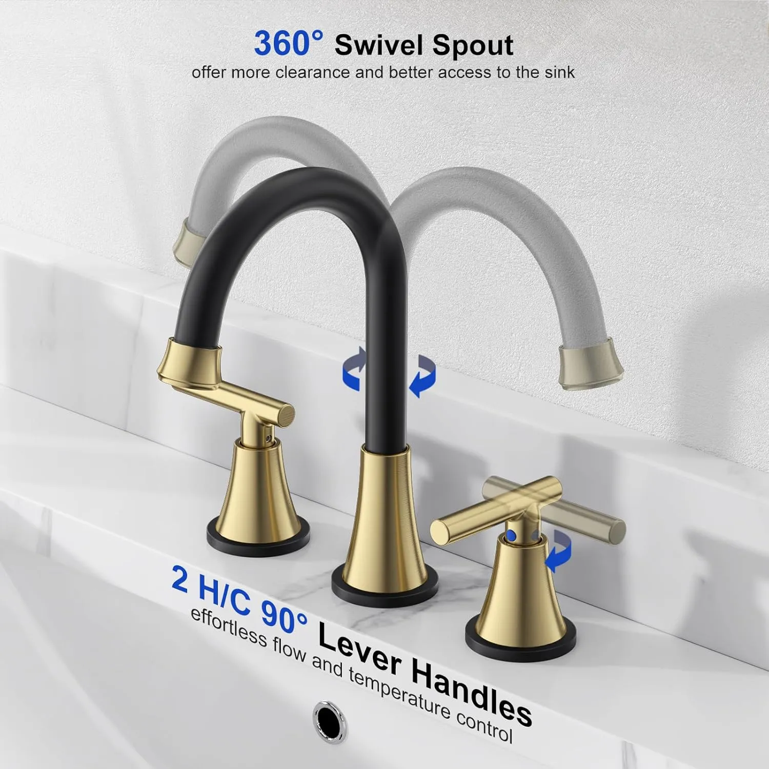 Bathroom Faucets for Sink 3 Hole, Hurran Black& Gold Bathroom Sink Faucet with Pop-up Drain and Supply Lines, Stainless Steel Lead-Free Widespread Faucet for Vanity RV Farmhouse Sink
