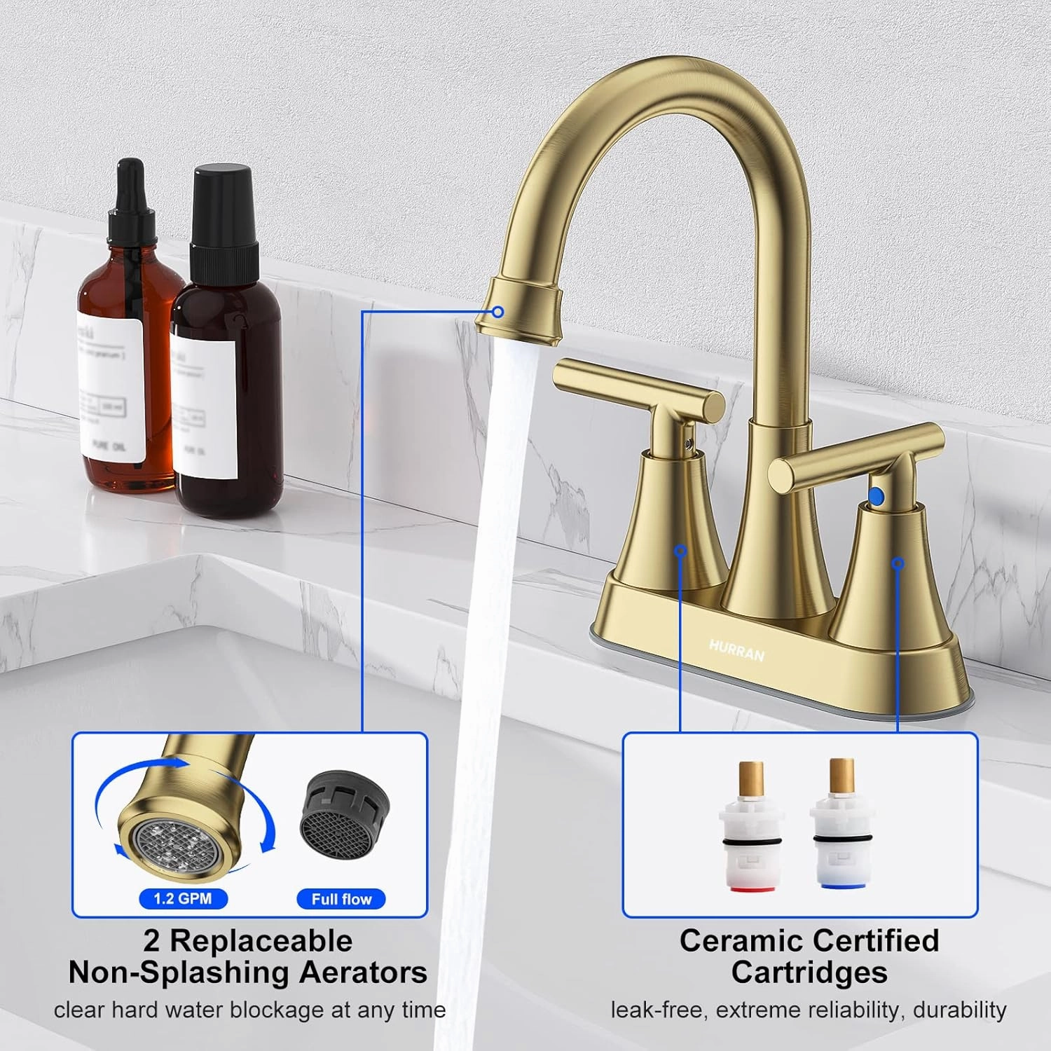 Bathroom Faucets for Sink 3 Hole, Hurran 4 inch Brushed Gold Bathroom Sink Faucet with Pop-up Drain and Supply Hoses, Stainless Steel Lead-Free Centerset Faucet for Vanity RV, 2 Pack