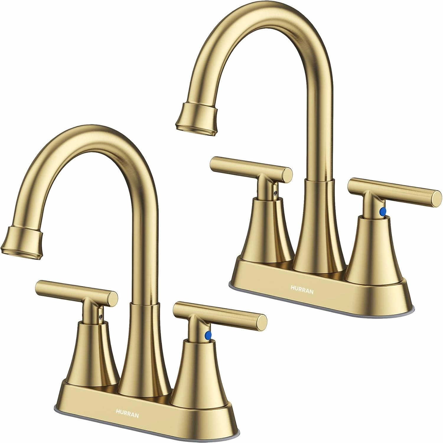Bathroom Faucets for Sink 3 Hole, Hurran 4 inch Brushed Gold Bathroom Sink Faucet with Pop-up Drain and Supply Hoses, Stainless Steel Lead-Free Centerset Faucet for Vanity RV, 2 Pack
