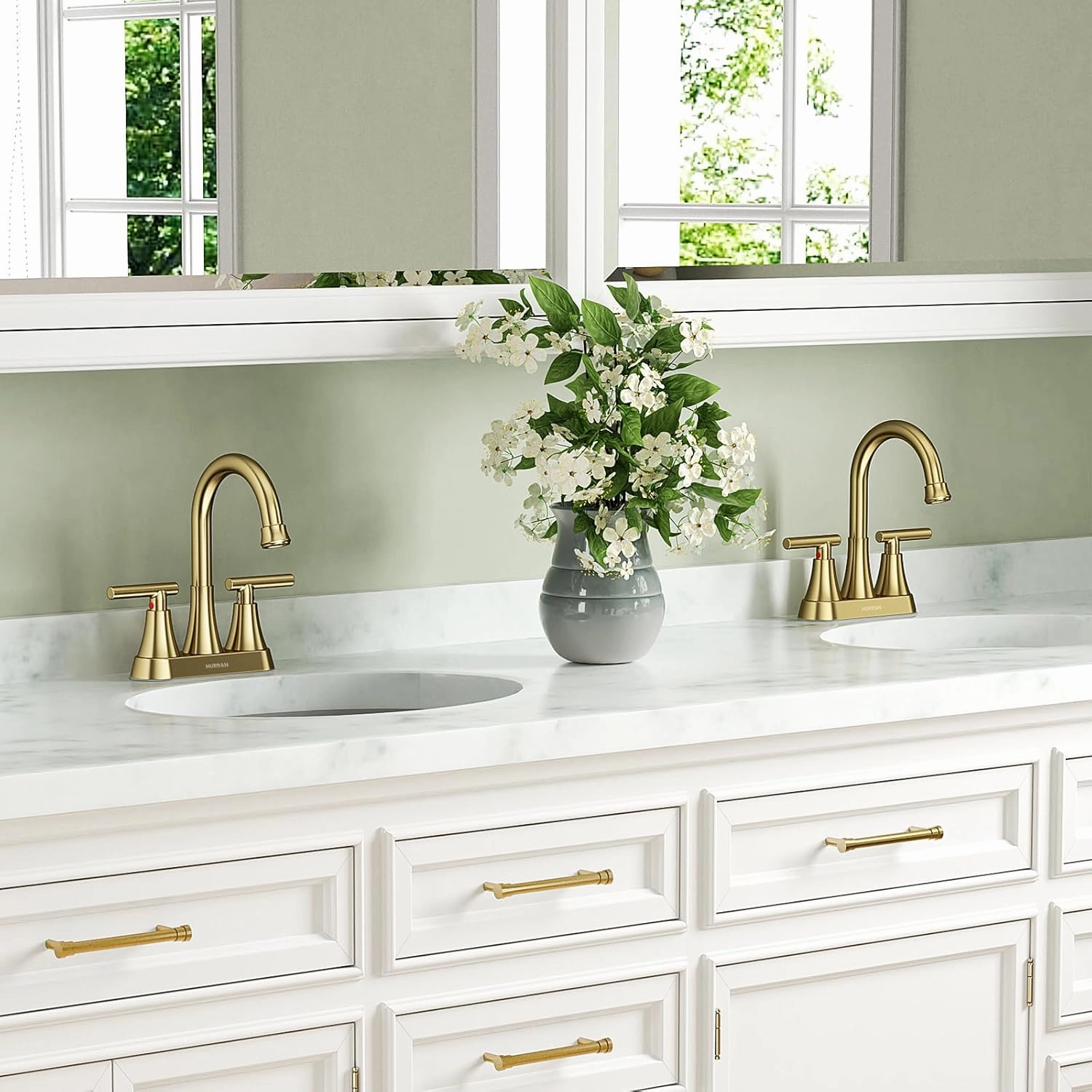 Bathroom Faucets for Sink 3 Hole, Hurran 4 inch Brushed Gold Bathroom Sink Faucet with Pop-up Drain and Supply Hoses, Stainless Steel Lead-Free Centerset Faucet for Vanity RV, 2 Pack
