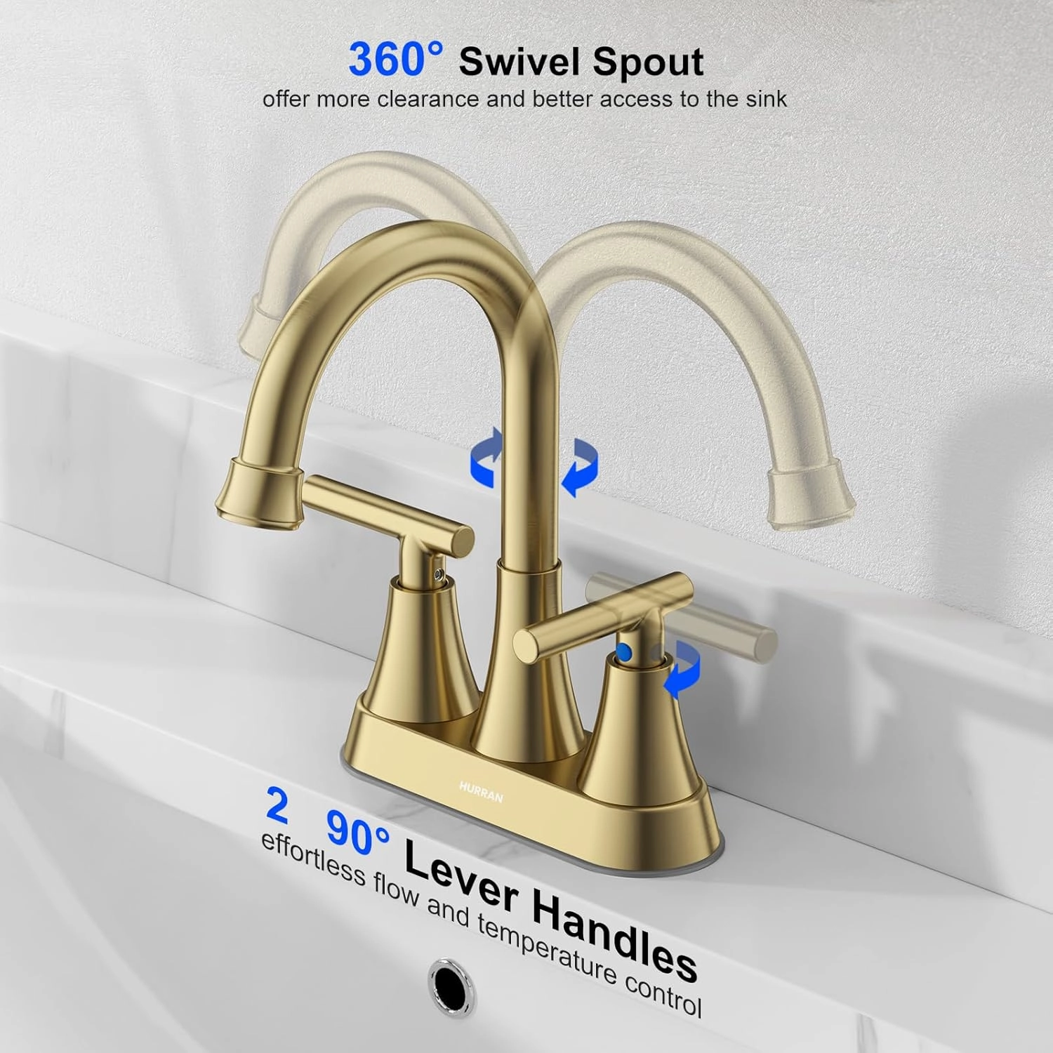 Bathroom Faucets for Sink 3 Hole, Hurran 4 inch Brushed Gold Bathroom Sink Faucet with Pop-up Drain and Supply Hoses, Stainless Steel Lead-Free Centerset Faucet for Vanity RV, 2 Pack