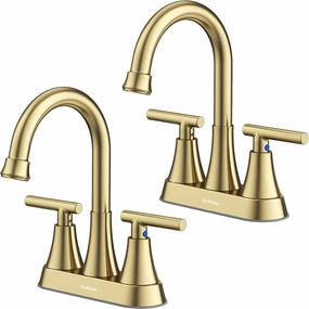 Bathroom Faucets for Sink 3 Hole, Hurran 4 inch Brushed Gold Bathroom Sink Faucet with Pop-up Drain and Supply Hoses, Stainless Steel Lead-Free Centerset Faucet for Vanity RV, 2 Pack