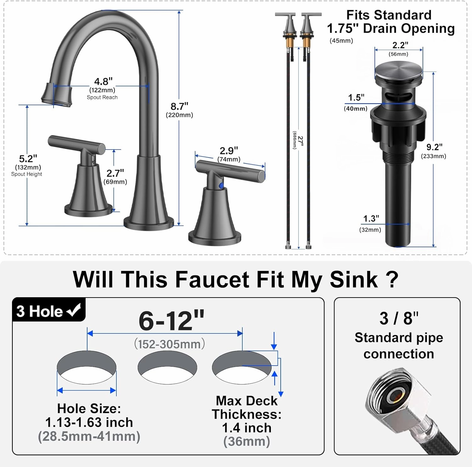 Bathroom Faucets for Sink 3 Hole, Hurran 8 inch Widespread Brushed Grey Bathroom Sink Faucet with Pop-up Drain and Supply Hose, Stainless Steel Lead-Free Faucet for Vessel Sink Vanity RV