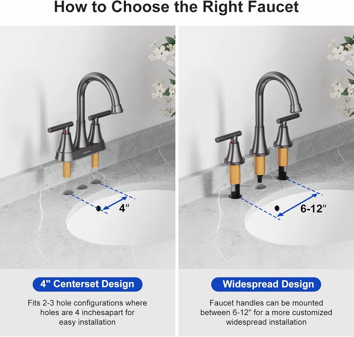 Bathroom Faucets for Sink 3 Hole, Hurran 8 inch Widespread Brushed Grey Bathroom Sink Faucet with Pop-up Drain and Supply Hose, Stainless Steel Lead-Free Faucet for Vessel Sink Vanity RV