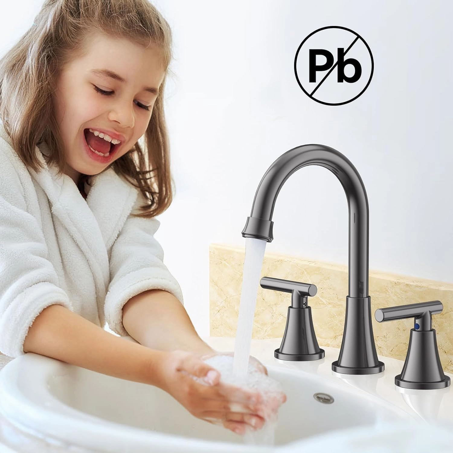 Bathroom Faucets for Sink 3 Hole, Hurran 8 inch Widespread Brushed Grey Bathroom Sink Faucet with Pop-up Drain and Supply Hose, Stainless Steel Lead-Free Faucet for Vessel Sink Vanity RV