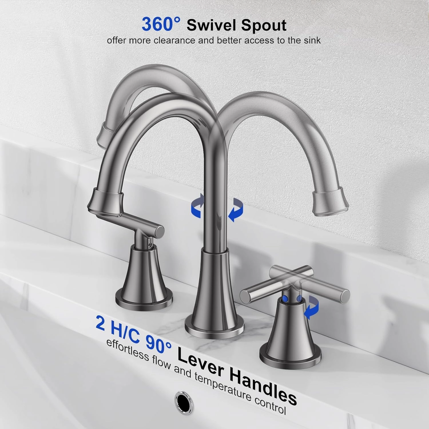 Bathroom Faucets for Sink 3 Hole, Hurran 8 inch Widespread Brushed Grey Bathroom Sink Faucet with Pop-up Drain and Supply Hose, Stainless Steel Lead-Free Faucet for Vessel Sink Vanity RV