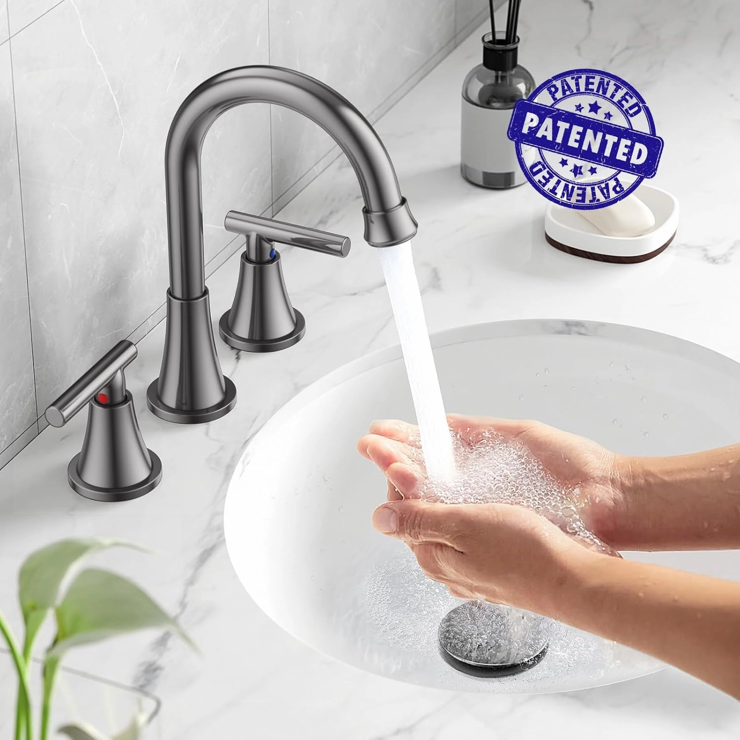 Bathroom Faucets for Sink 3 Hole, Hurran 8 inch Widespread Brushed Grey Bathroom Sink Faucet with Pop-up Drain and Supply Hose, Stainless Steel Lead-Free Faucet for Vessel Sink Vanity RV
