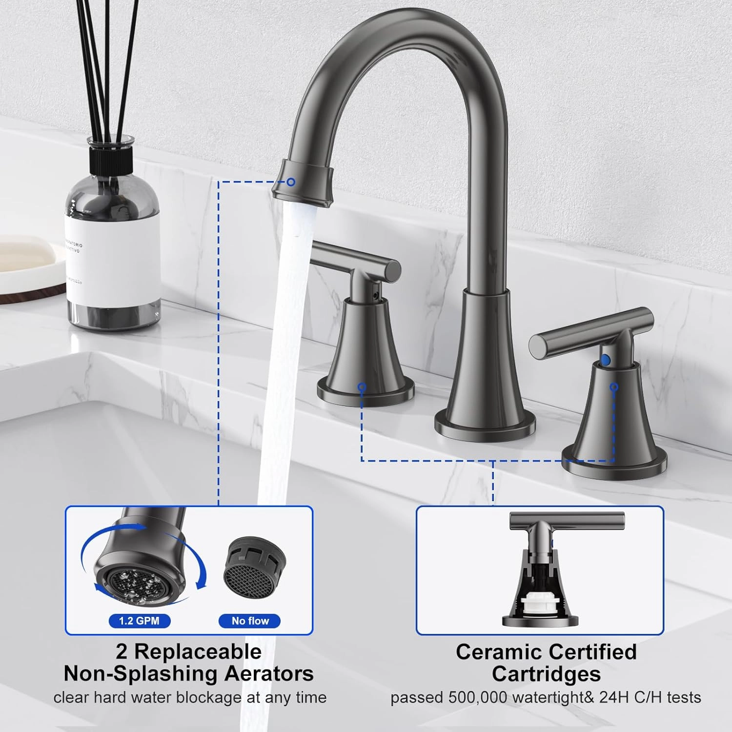 Bathroom Faucets for Sink 3 Hole, Hurran 8 inch Widespread Brushed Grey Bathroom Sink Faucet with Pop-up Drain and Supply Hose, Stainless Steel Lead-Free Faucet for Vessel Sink Vanity RV