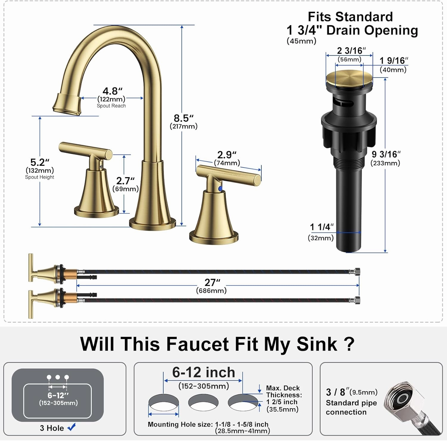 Bathroom Faucets for Sink 3 Hole, Hurran Brushed Gold Bathroom Sink Faucet with Pop-up Drain and Supply Lines, Stainless Steel Lead-Free Widespread Faucet for Vanity RV Farmhouse Sink