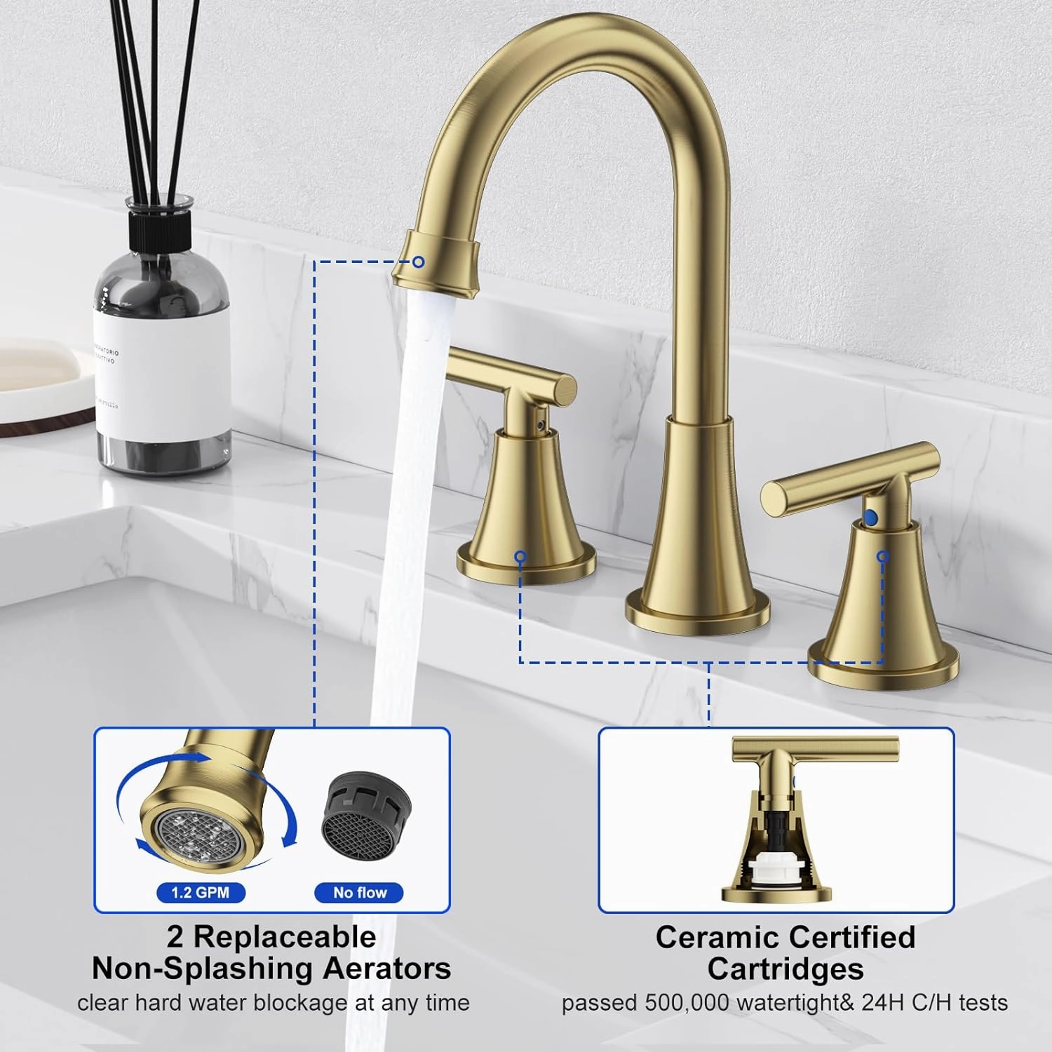 Bathroom Faucets for Sink 3 Hole, Hurran Brushed Gold Bathroom Sink Faucet with Pop-up Drain and Supply Lines, Stainless Steel Lead-Free Widespread Faucet for Vanity RV Farmhouse Sink