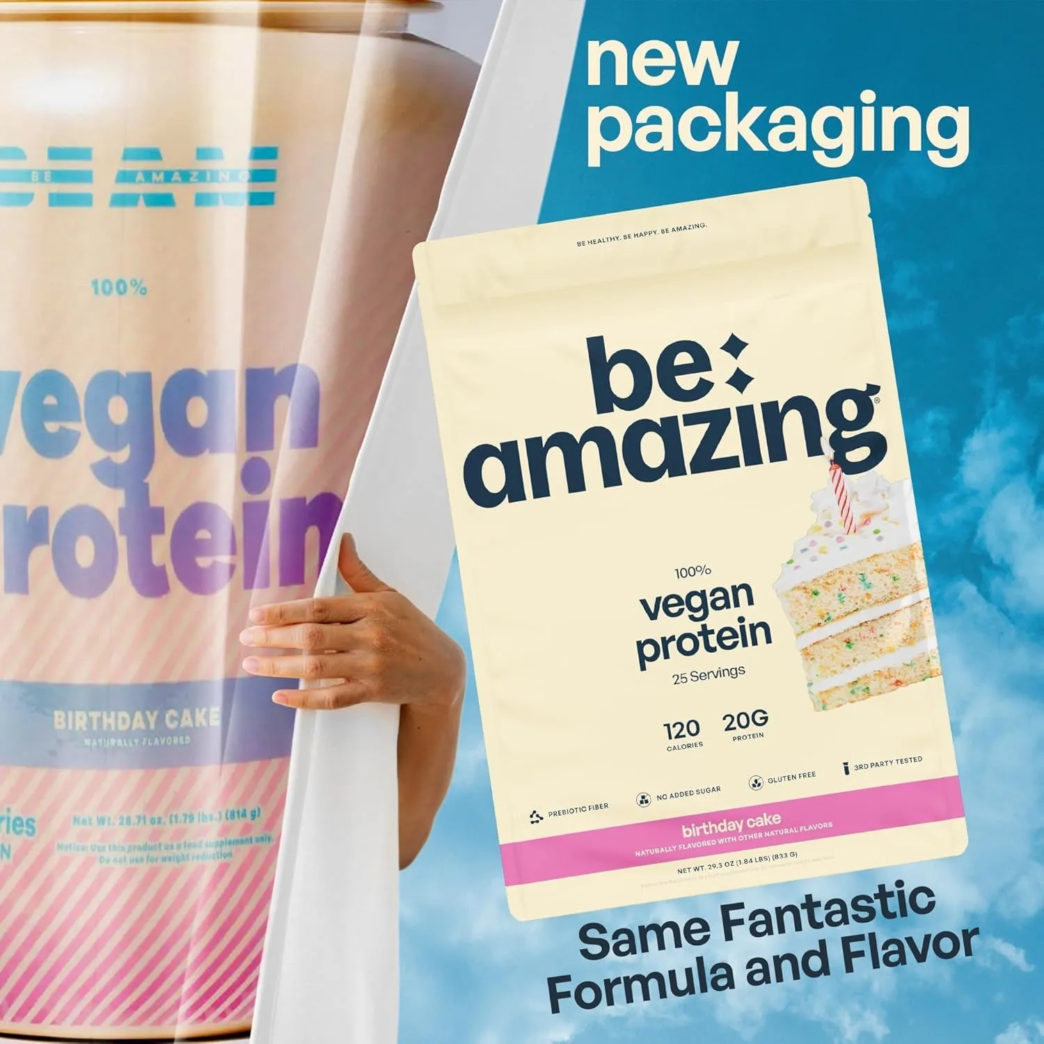 Be Amazing Vegan Protein Powder | 20g Plant-Based Protein with Prebiotics Fibers | Sugar-and-Gluten-Free Shake Mix, Low Carb, Non-Dairy Funfetti Smoothie | Birthday Cake, 25 Servings