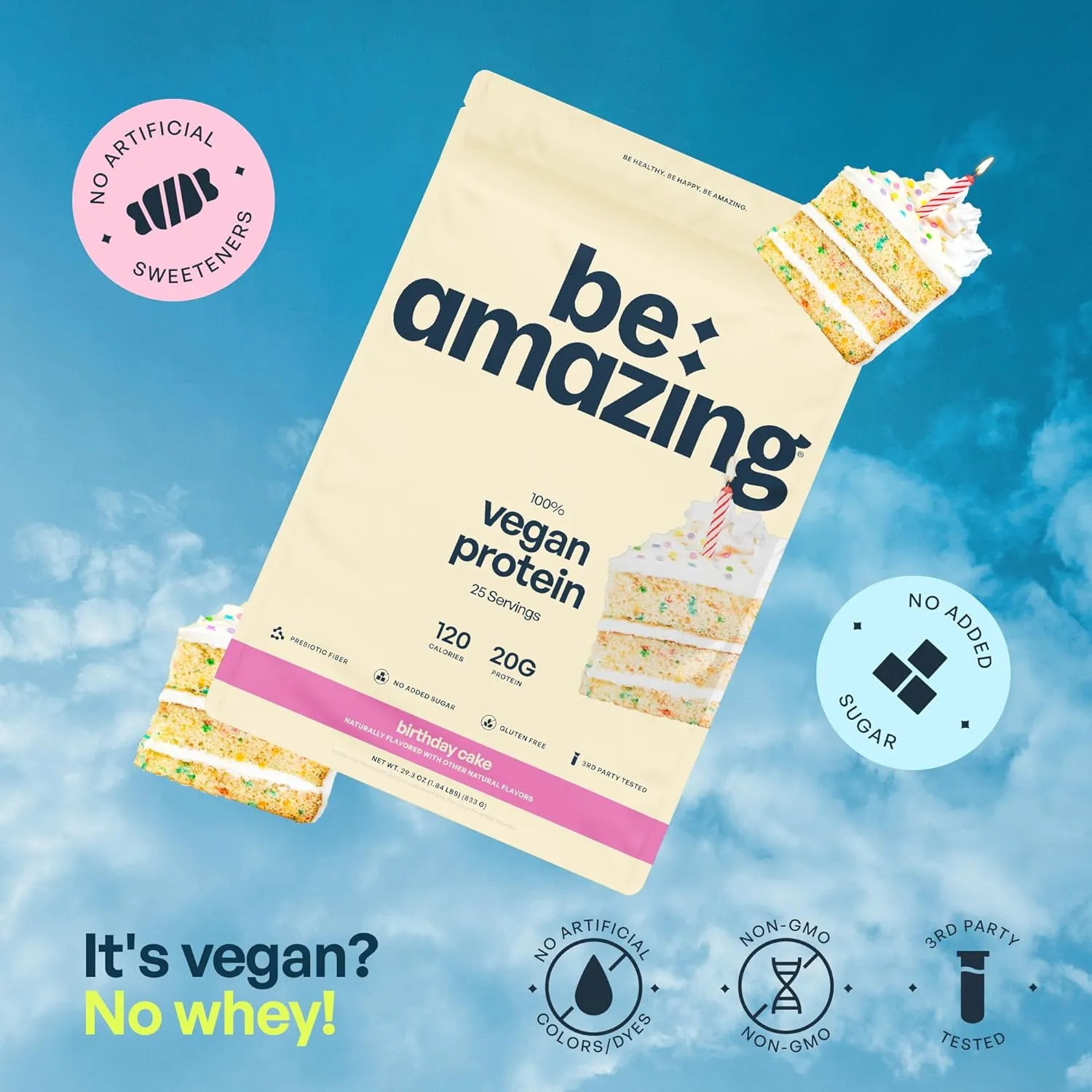 Be Amazing Vegan Protein Powder | 20g Plant-Based Protein with Prebiotics Fibers | Sugar-and-Gluten-Free Shake Mix, Low Carb, Non-Dairy Funfetti Smoothie | Birthday Cake, 25 Servings