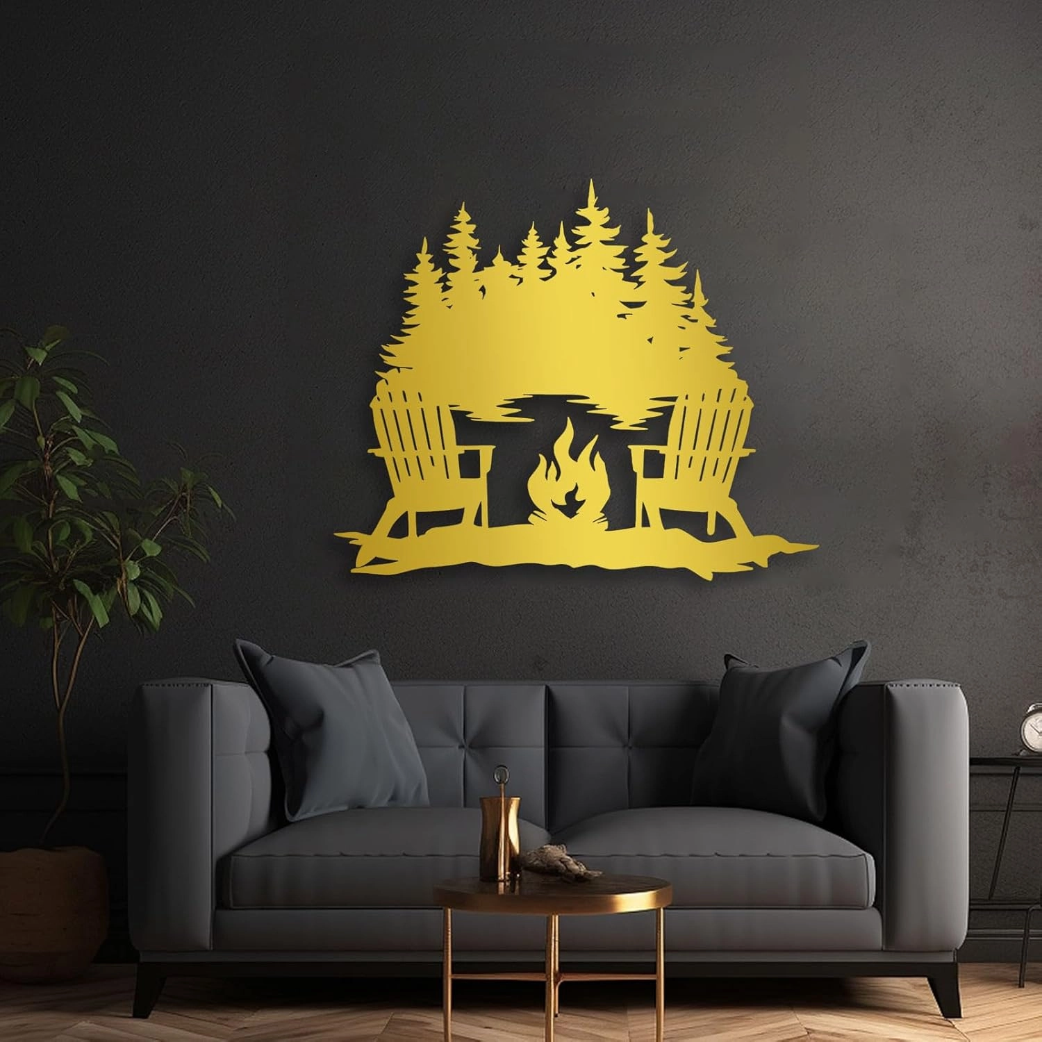 Beach Campfire Monogram Metal Sign, Campfire Lake View Metal Wall Art, Forest Decor, Wall Art for Living Room, Lake House (20 x 16 in / 50 x 41 cm, White)
