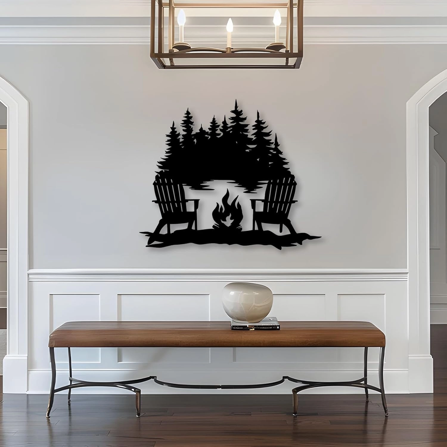 Beach Campfire Monogram Metal Sign, Campfire Lake View Metal Wall Art, Forest Decor, Wall Art for Living Room, Lake House (20 x 16 in / 50 x 41 cm, White)