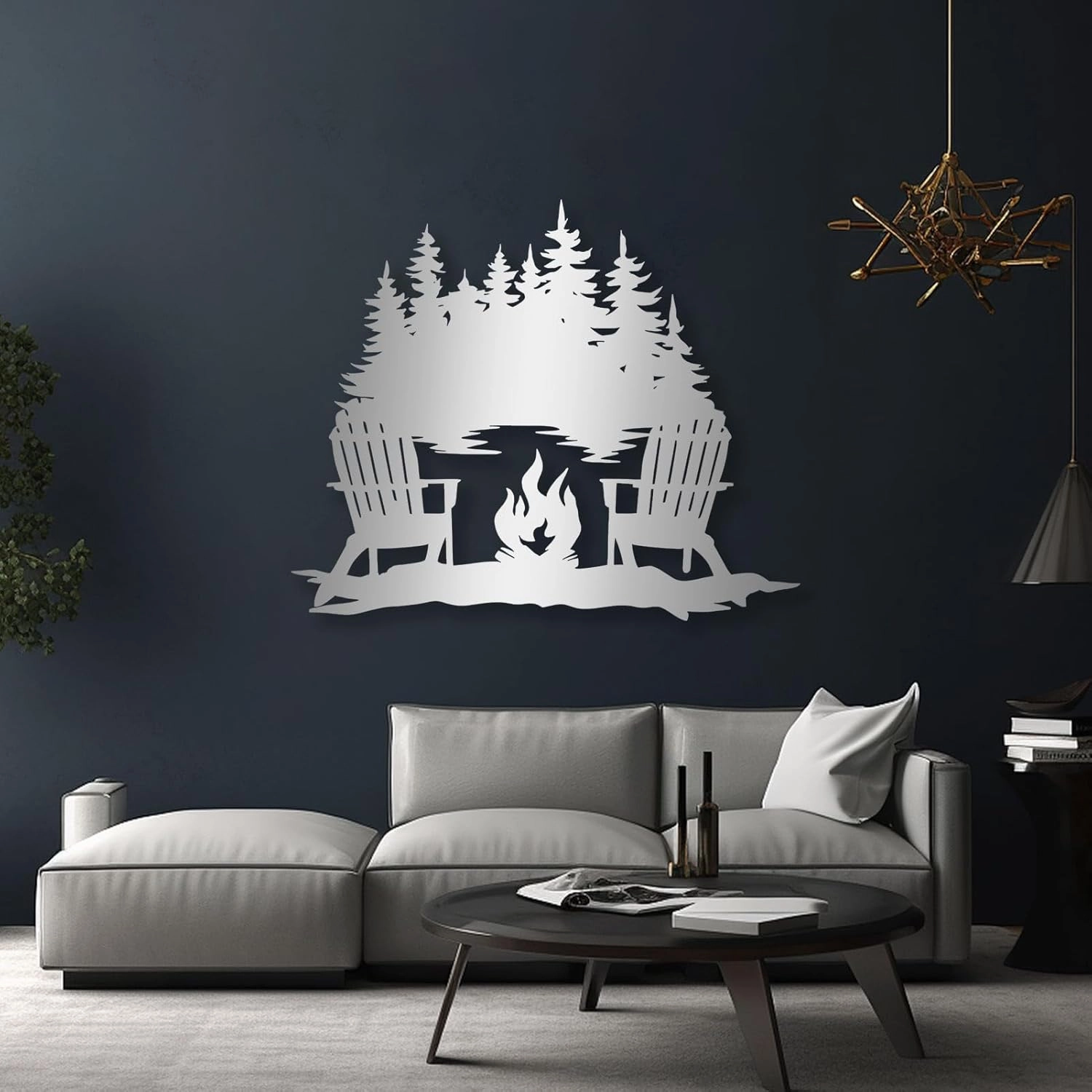 Beach Campfire Monogram Metal Sign, Campfire Lake View Metal Wall Art, Forest Decor, Wall Art for Living Room, Lake House (20 x 16 in / 50 x 41 cm, White)