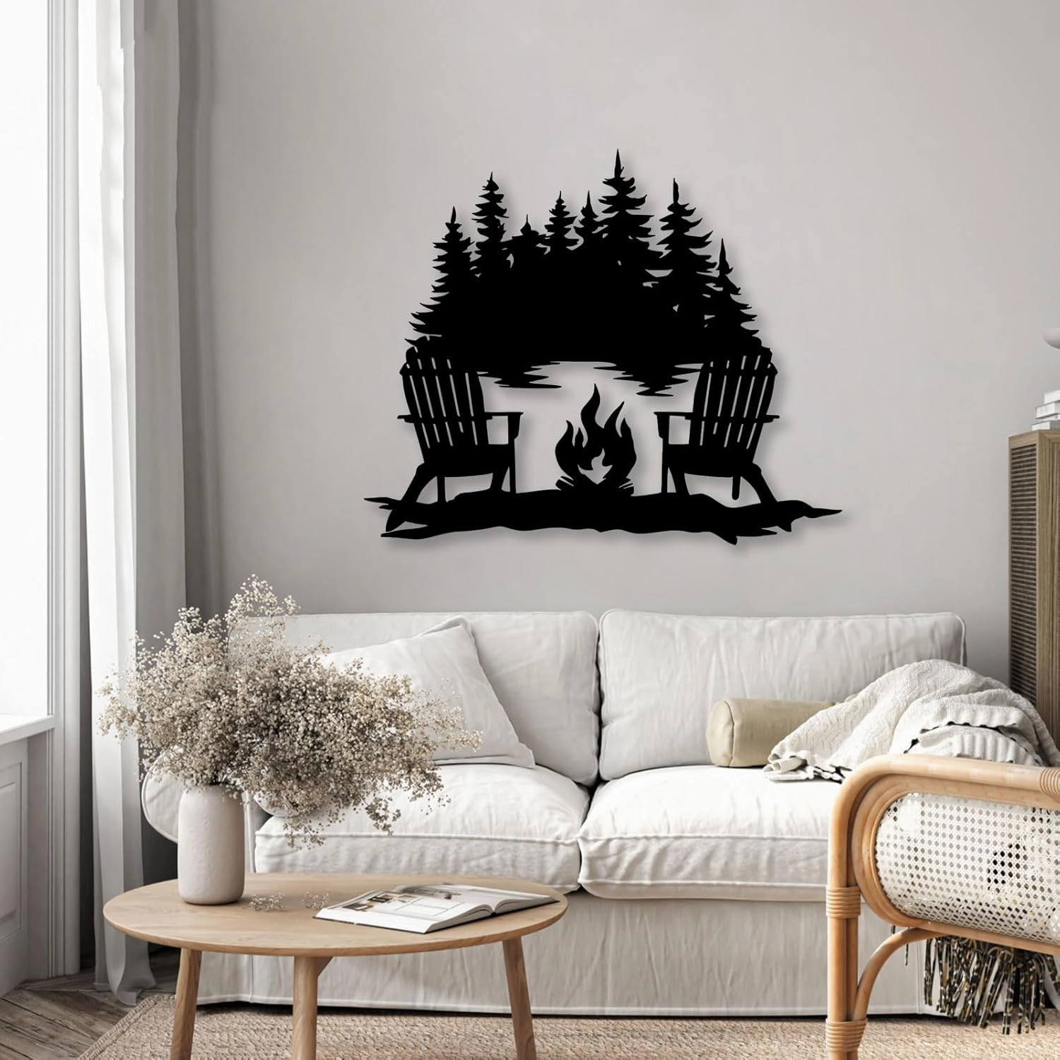 Beach Campfire Monogram Metal Sign, Campfire Lake View Metal Wall Art, Forest Decor, Wall Art for Living Room, Lake House (20 x 16 in / 50 x 41 cm, White)