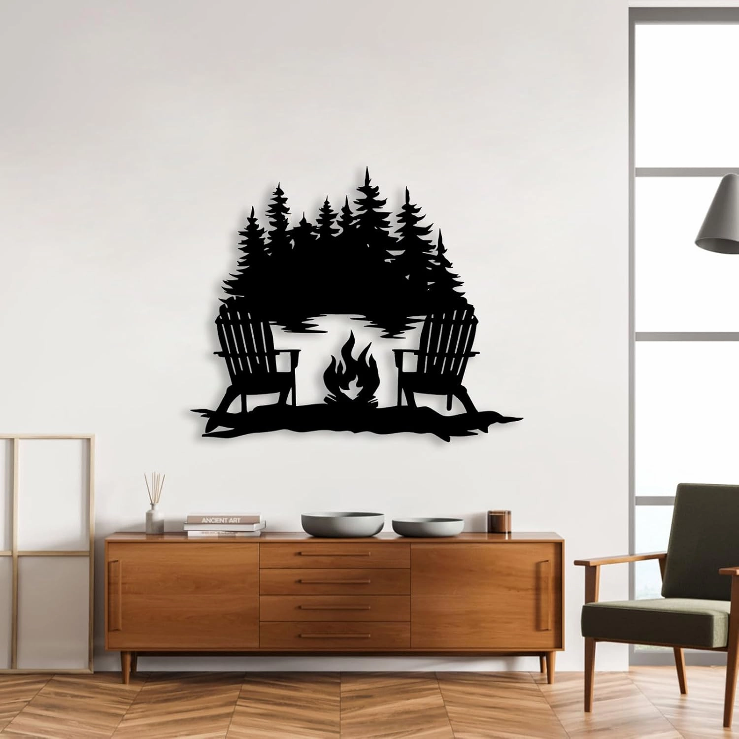 Beach Campfire Monogram Metal Sign, Campfire Lake View Metal Wall Art, Forest Decor, Wall Art for Living Room, Lake House (20 x 16 in / 50 x 41 cm, White)