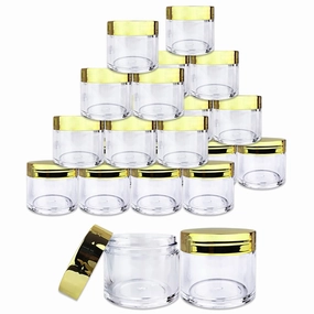 Beauticom 30g/30ml (1 fl. oz.) Double Wall Clear Plastic Leak Proof Jars with Flat Top Lids for Creams, Lotions, Make Up, Powders, Glitters, and more... (Color: Metallic Gold, Pieces: 24)