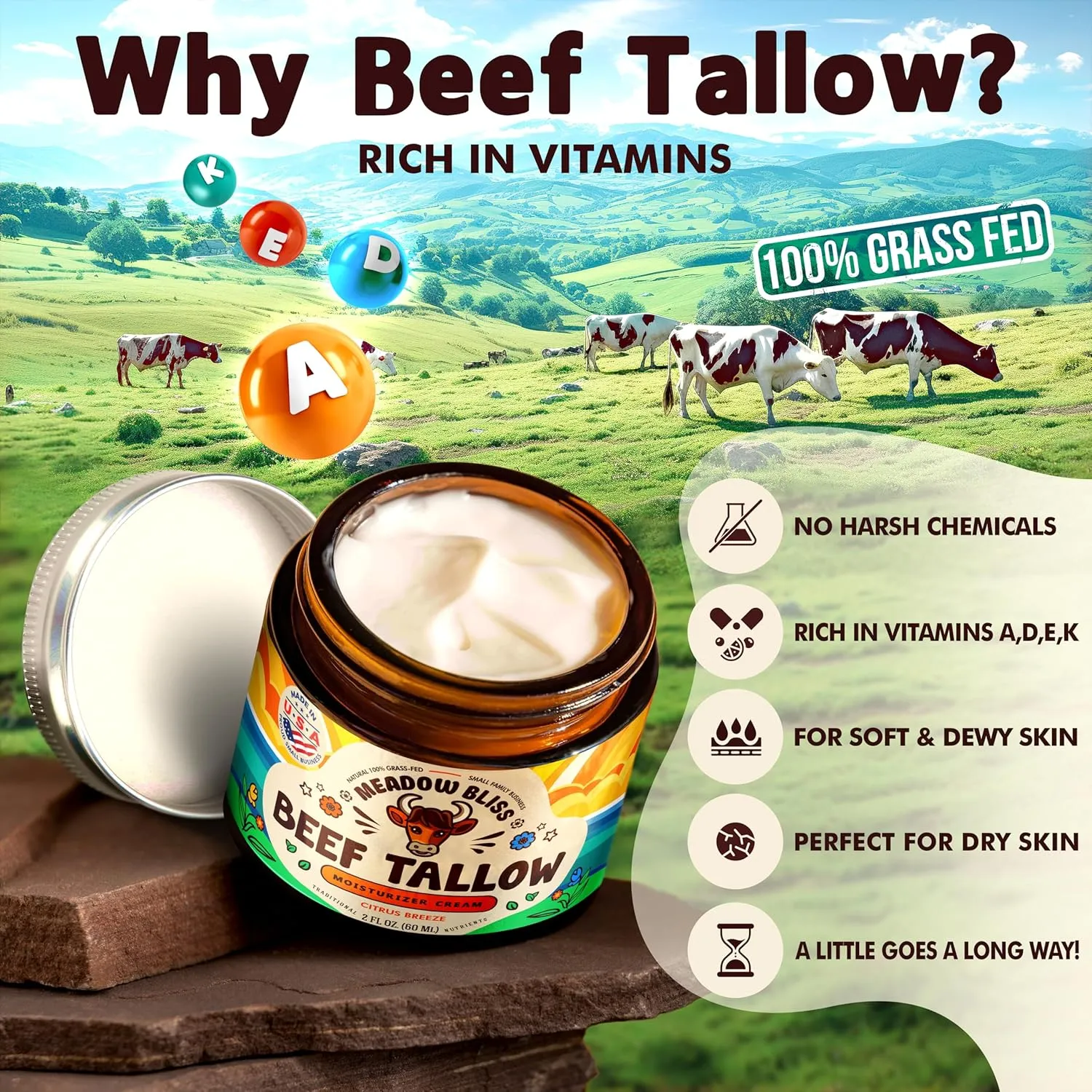 Beef Tallow for Skin - Moisturizer Cream - 100% Grass Fed - Whipped Beef Tallow - Organic Jojoba Oil - Organic Shea Butter - Supports Eczema, Rosacea  - Made in USA - Citrus Breeze - 2 oz