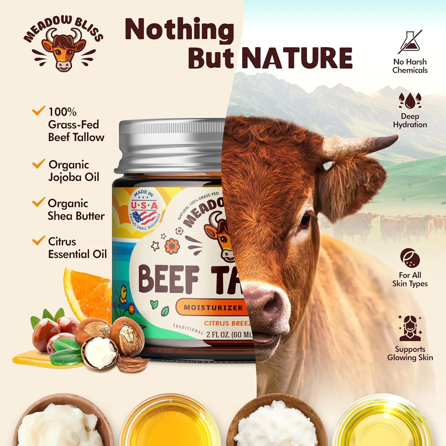 Beef Tallow for Skin - Moisturizer Cream - 100% Grass Fed - Whipped Beef Tallow - Organic Jojoba Oil - Organic Shea Butter - Supports Eczema, Rosacea  - Made in USA - Citrus Breeze - 2 oz