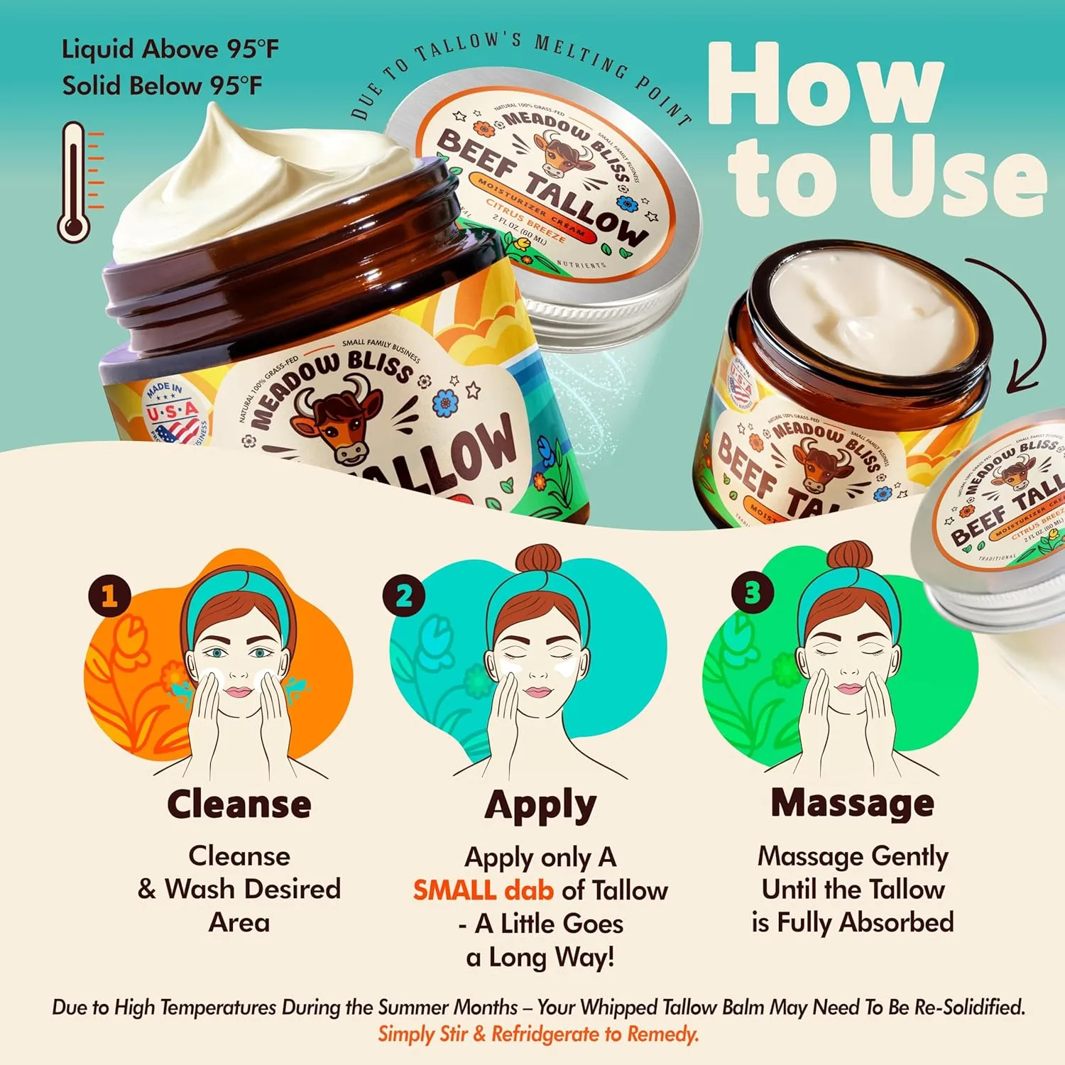 Beef Tallow for Skin - Moisturizer Cream - 100% Grass Fed - Whipped Beef Tallow - Organic Jojoba Oil - Organic Shea Butter - Supports Eczema, Rosacea  - Made in USA - Citrus Breeze - 2 oz