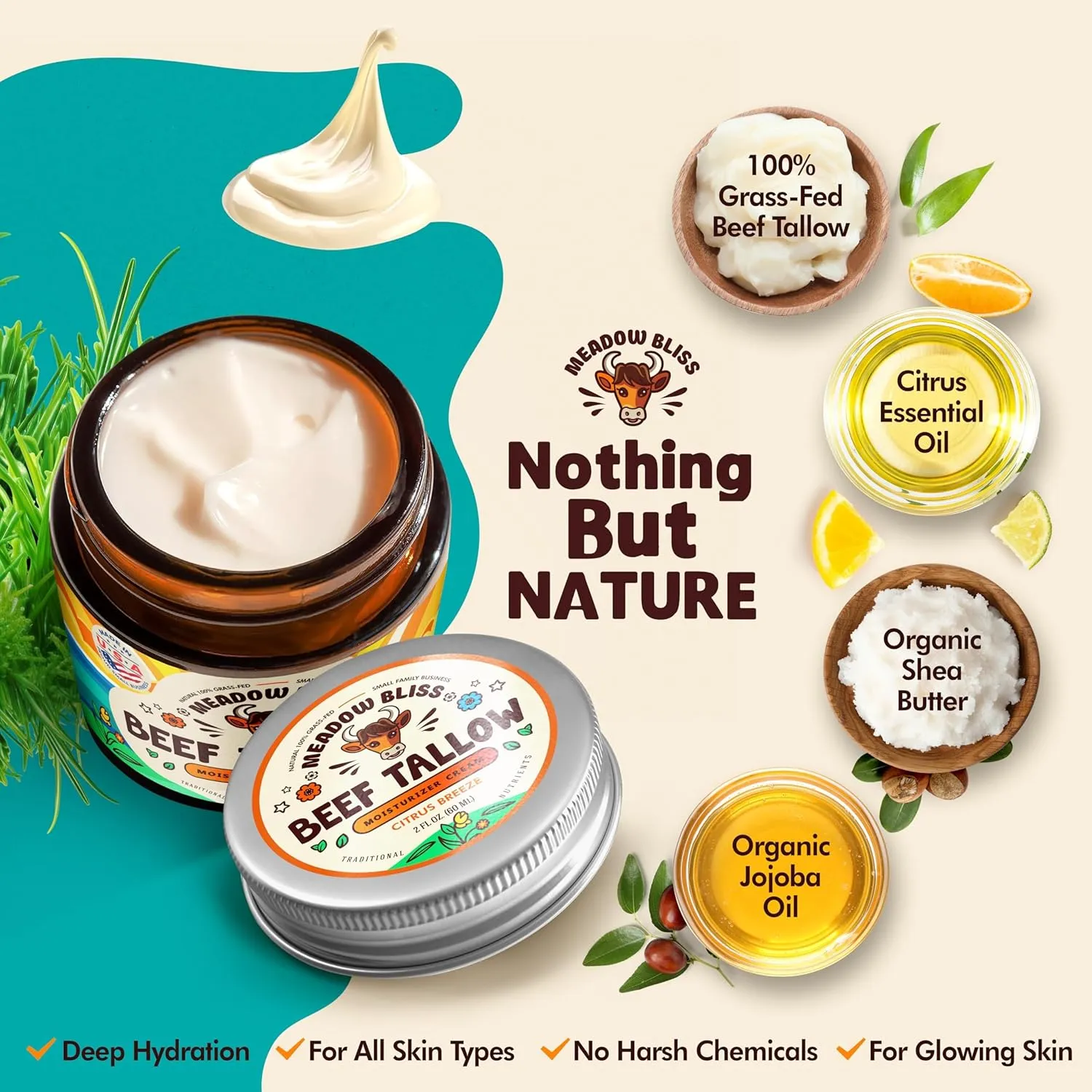 Beef Tallow for Skin - Moisturizer Cream - 100% Grass Fed - Whipped Beef Tallow - Organic Jojoba Oil - Organic Shea Butter - Supports Eczema, Rosacea  - Made in USA - Citrus Breeze - 2 oz