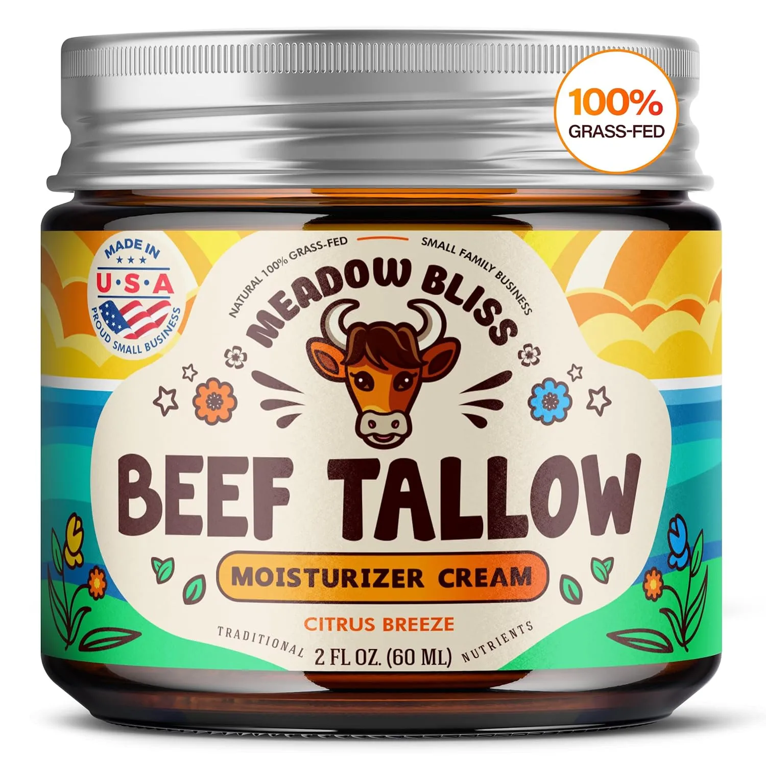 Beef Tallow for Skin - Moisturizer Cream - 100% Grass Fed - Whipped Beef Tallow - Organic Jojoba Oil - Organic Shea Butter - Supports Eczema, Rosacea  - Made in USA - Citrus Breeze - 2 oz