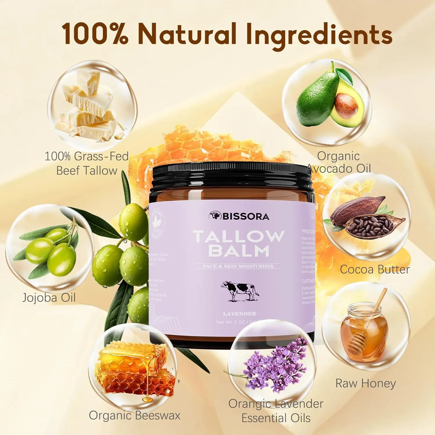 Beef Tallow for Skin, Organic Grass-Fed Beef Tallow Balm with Raw Honey & Jojoba Oil - Whipped Moisturizer for Face & Body - All-Natural Skin Care for Soft, Hydrated Skin (5 OZ, Lavender)