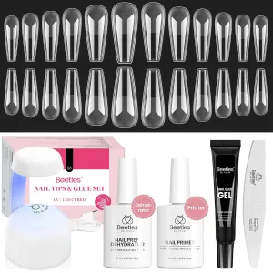 Beetles Gel Nail Kit Long Coffin with Nail Dehydrator and Primer, 576Pcs Half Matte Etch-X Gel Nail Tips Solid Nail Glue Mini Nail Lamp Acrylic Nail Tips Easy DIY Nail Extension Set Gift for Women