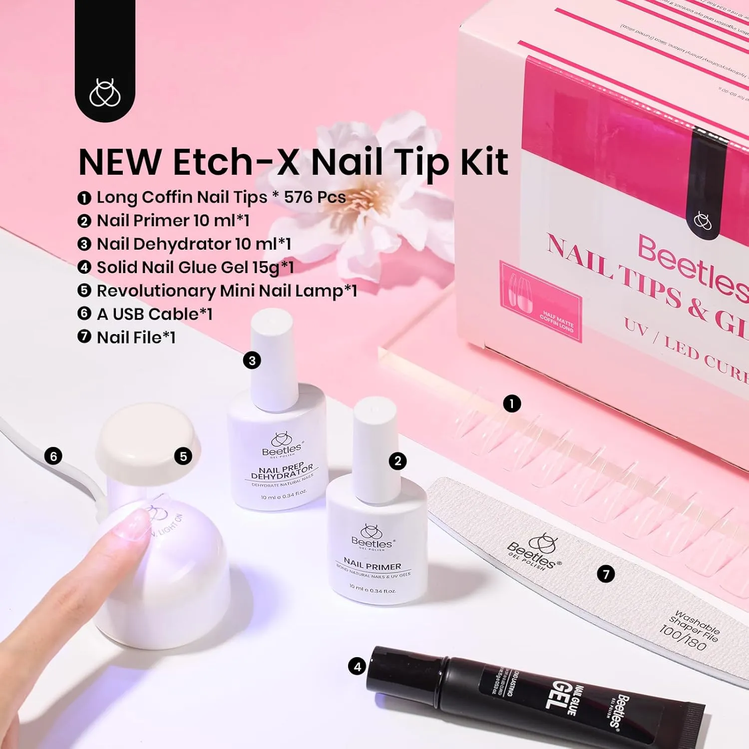 Beetles Gel Nail Kit Long Coffin with Nail Dehydrator and Primer, 576Pcs Half Matte Etch-X Gel Nail Tips Solid Nail Glue Mini Nail Lamp Acrylic Nail Tips Easy DIY Nail Extension Set Gift for Women