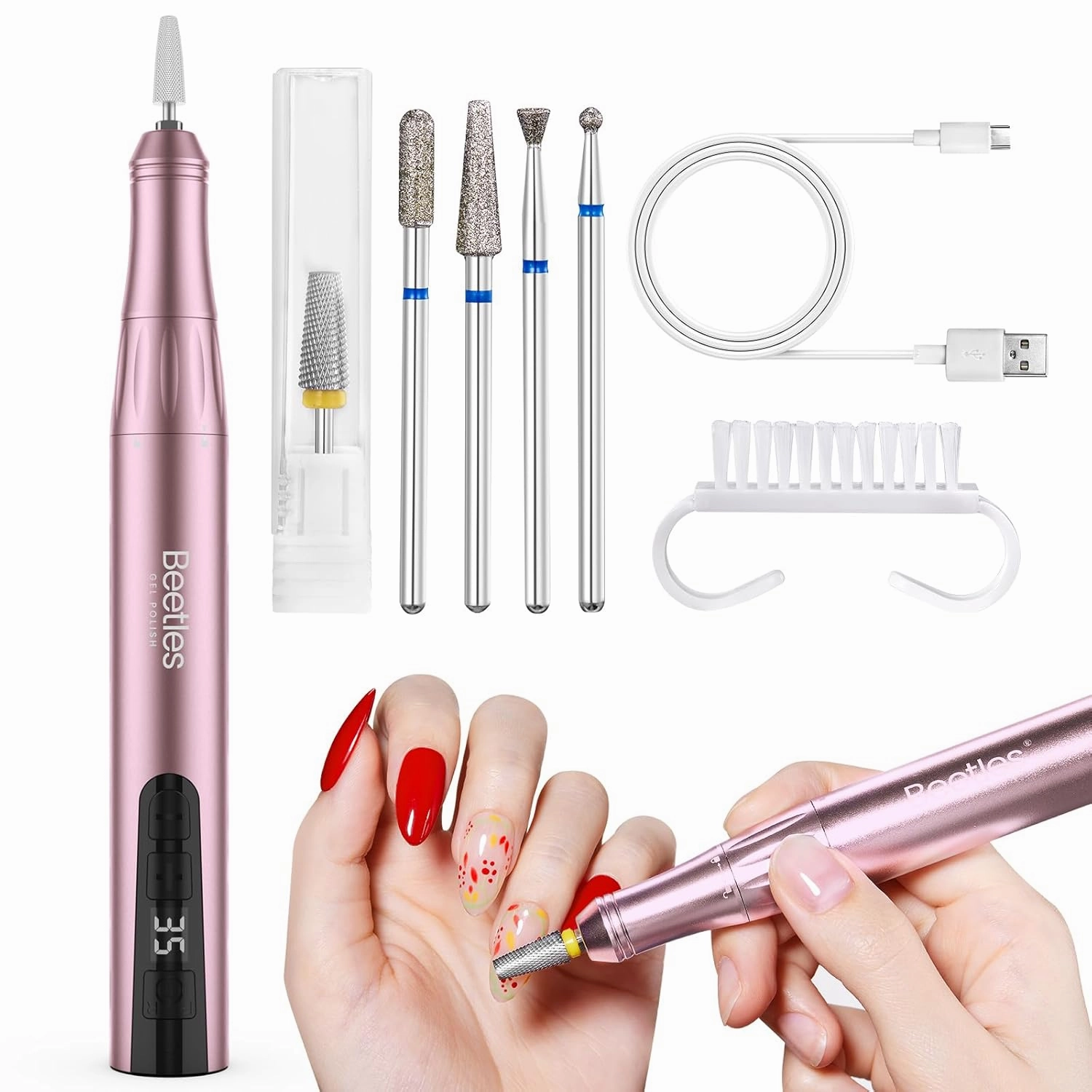 Beetles Electric Nail Drill Cordless, 20 Adjustable Speeds Portable Nail Drill Rose Gold Long Battery Life Polishing Set Professional Nails Machine Kit Manicure Pedicure Tools for Home Salon Use