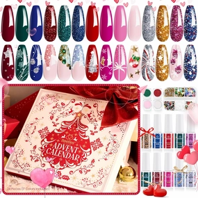 Beetles Gel Nail Polish Set,14 3 Colors Beauty Advent Calendar 2024 Box Red Green Pink Gold Silver Glitter Glow In The Dark Nail Polish Glitter Top Coat Spring Gel Polish Gift for Women Grils
