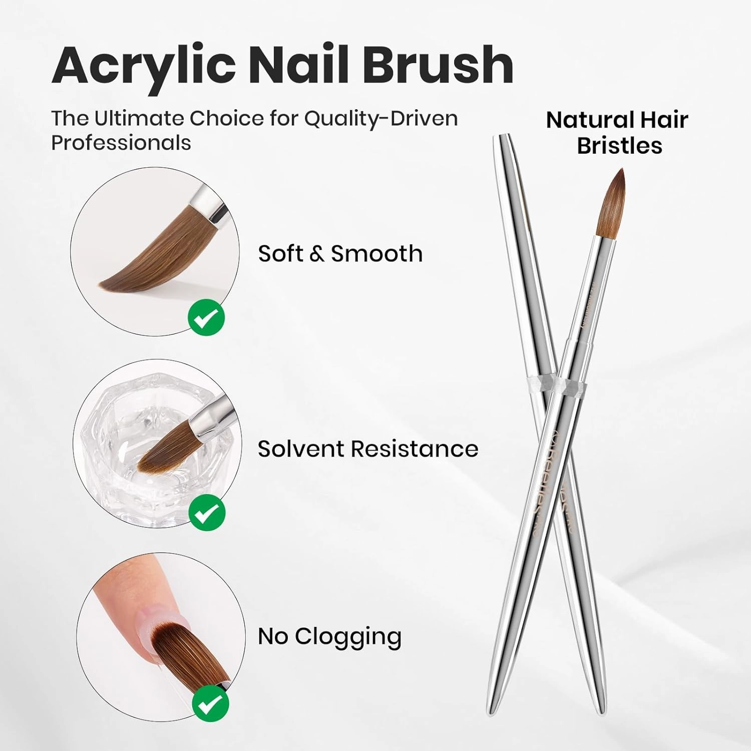 Beetles Kolinsky Acrylic Nail Brush Pure Kolinsky Hair Bristles Round Shaped Metal Handle Nail Art Brushes for Manicure Extension Acrylic Powder Professional Salon Manicure Tool - Size 12