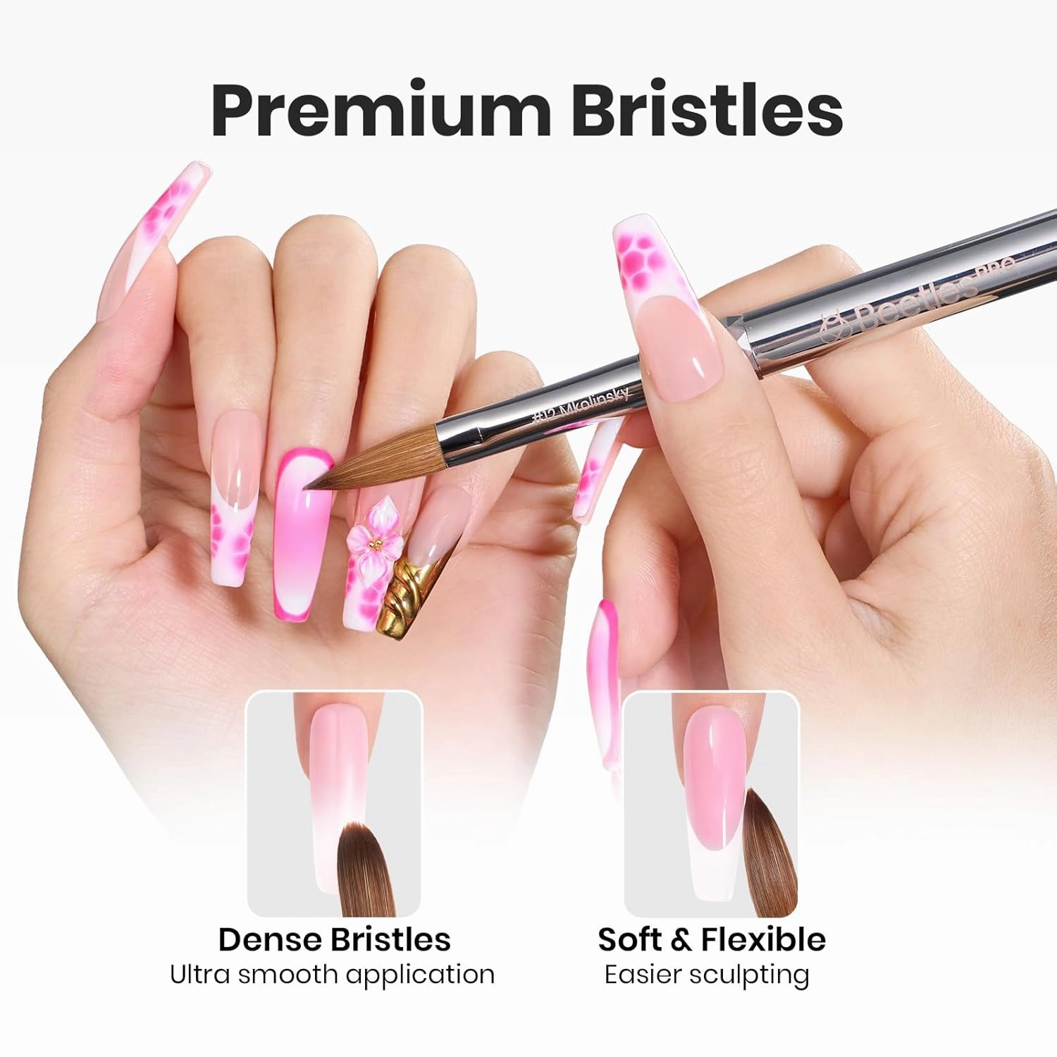 Beetles Kolinsky Acrylic Nail Brush Pure Kolinsky Hair Bristles Round Shaped Metal Handle Nail Art Brushes for Manicure Extension Acrylic Powder Professional Salon Manicure Tool - Size 12