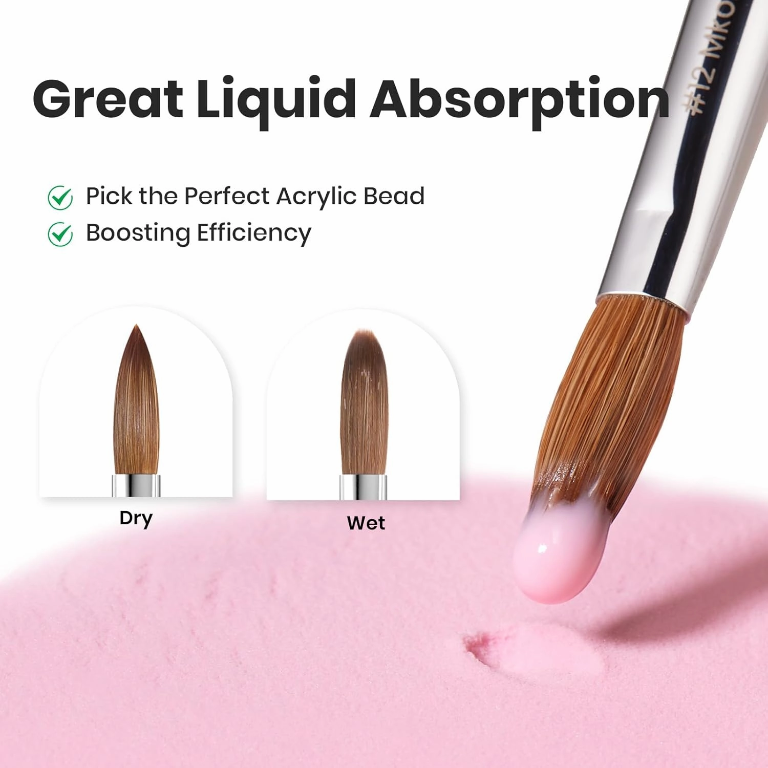 Beetles Kolinsky Acrylic Nail Brush Pure Kolinsky Hair Bristles Round Shaped Metal Handle Nail Art Brushes for Manicure Extension Acrylic Powder Professional Salon Manicure Tool - Size 12