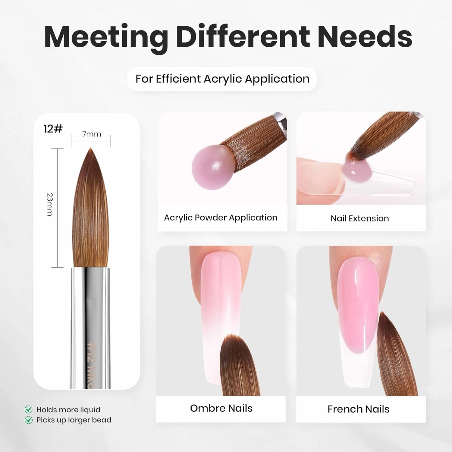 Beetles Kolinsky Acrylic Nail Brush Pure Kolinsky Hair Bristles Round Shaped Metal Handle Nail Art Brushes for Manicure Extension Acrylic Powder Professional Salon Manicure Tool - Size 12