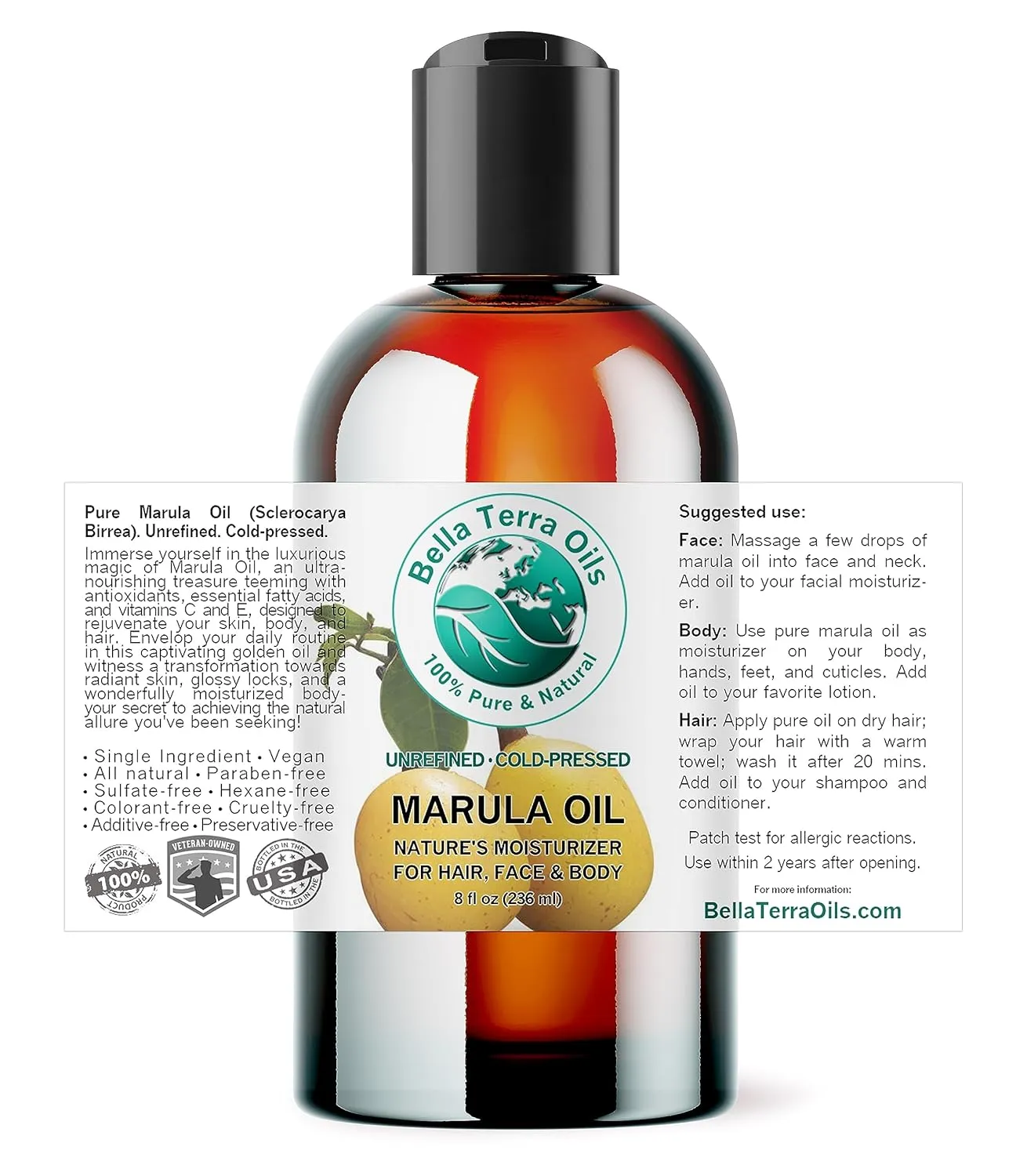 Bella Terra Oils - Marula Oil 8 oz - Cold-Pressed, Rich in Amino Acids & Antioxidants, the Epitome of Luxury Face Oil, Boost Your Glow
